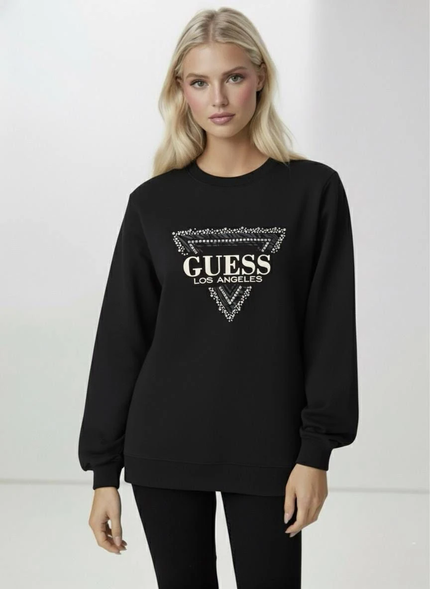 Guess Üçgen Parça Taş Ve Pleksi Baskı Modal Sweatshirt