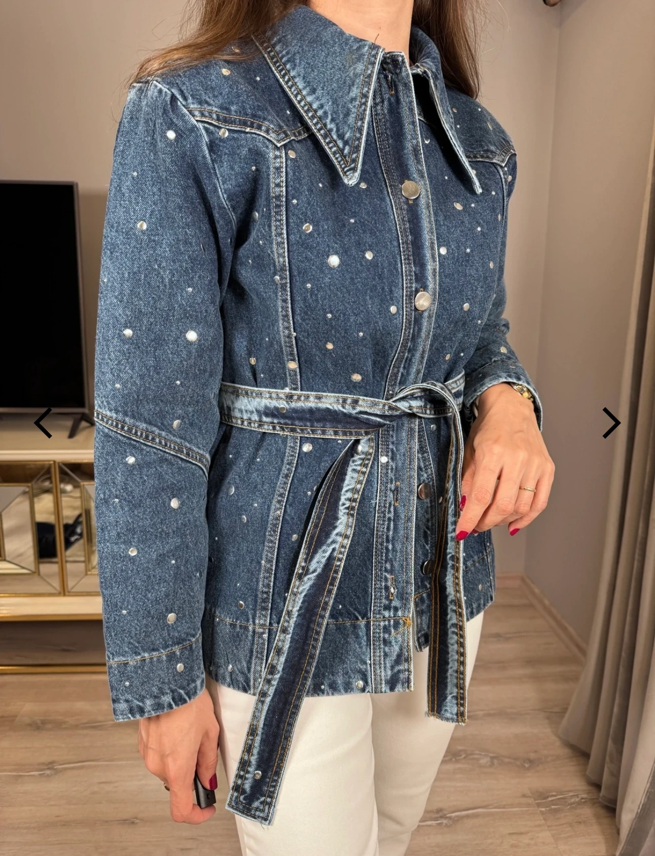 Zımbalı Kemerli Kot Ceket