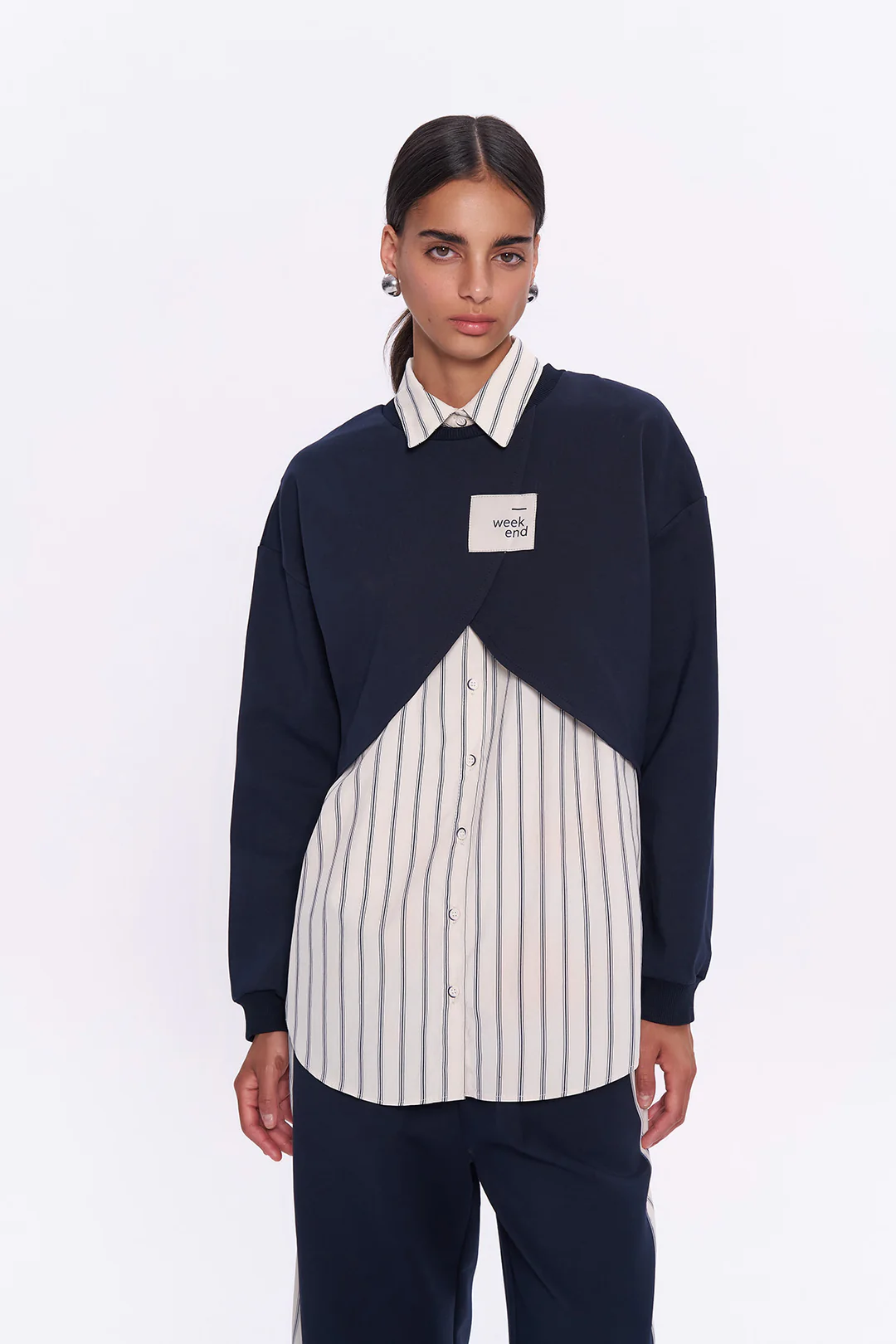 Çizgili Gömlek Match Crop Sweatshirt Takım