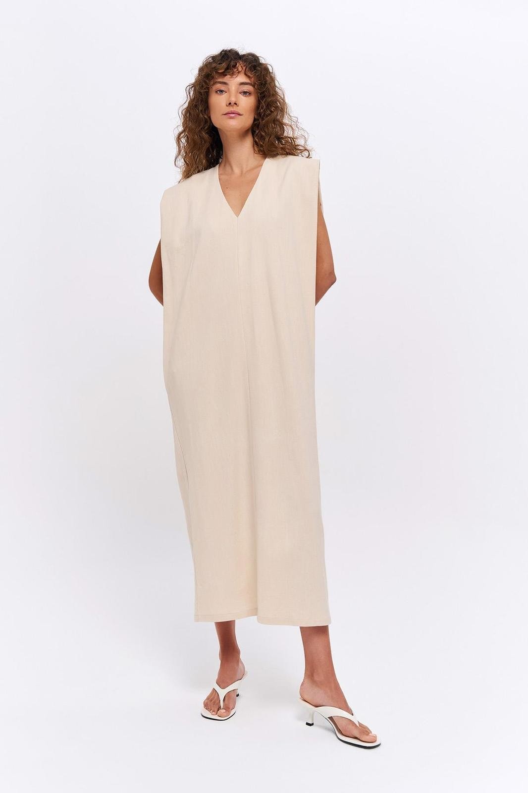 Keten Vatkalı Oversize Elbise