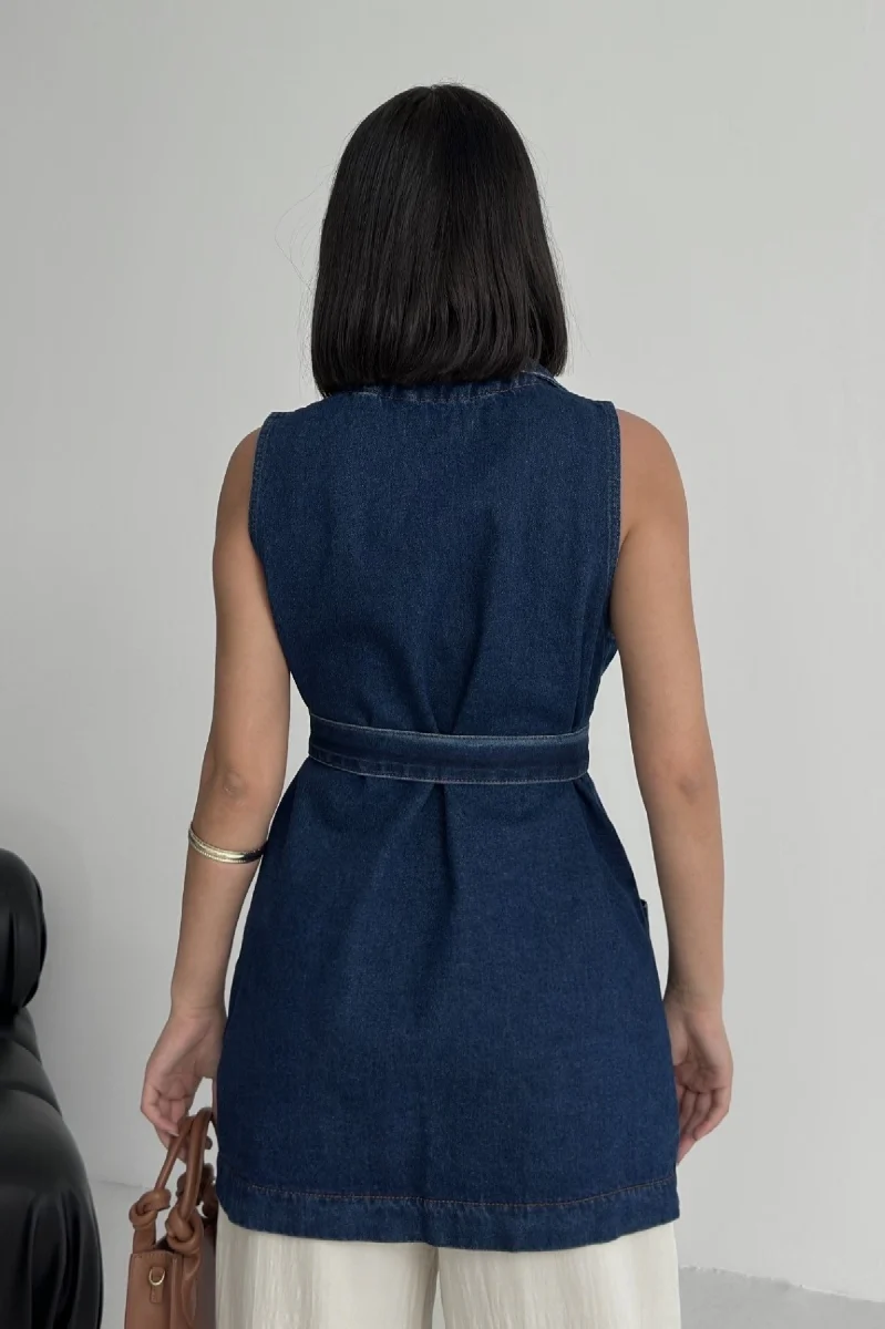 Jean Kuşaklı Kruvaze Yaka Yelek