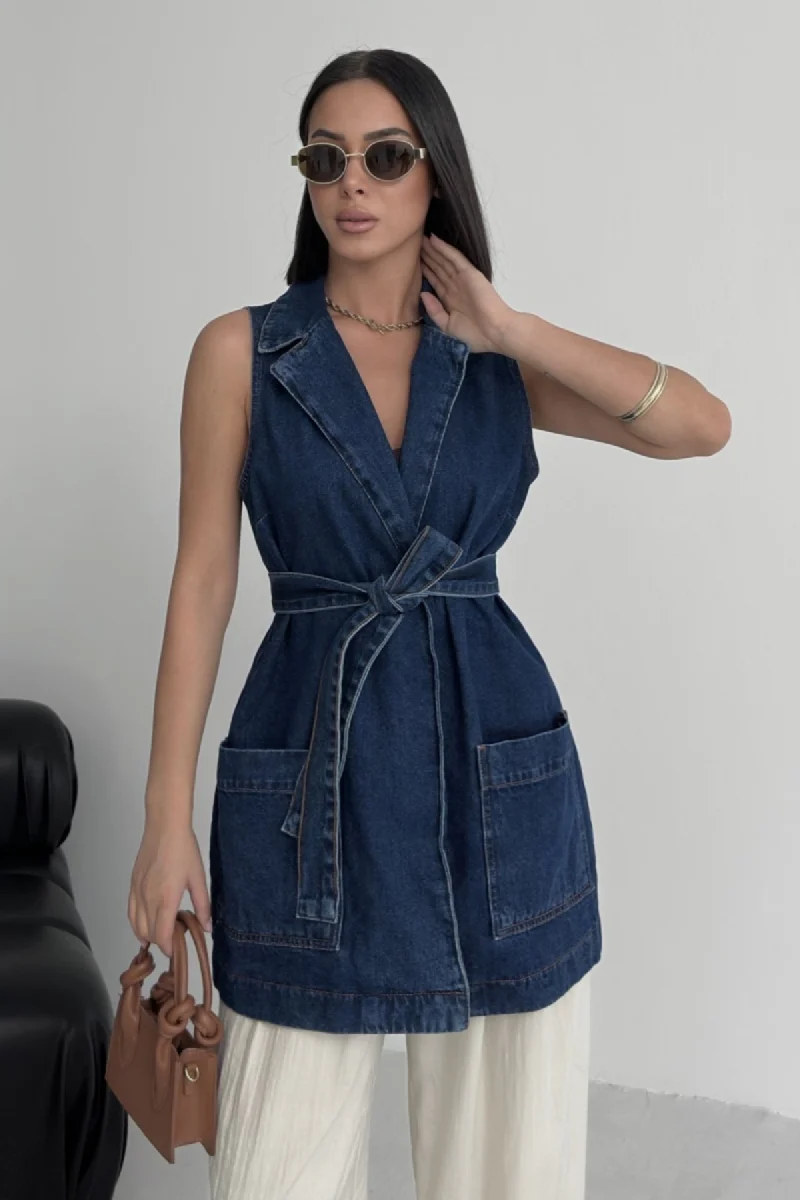 Jean Kuşaklı Kruvaze Yaka Yelek