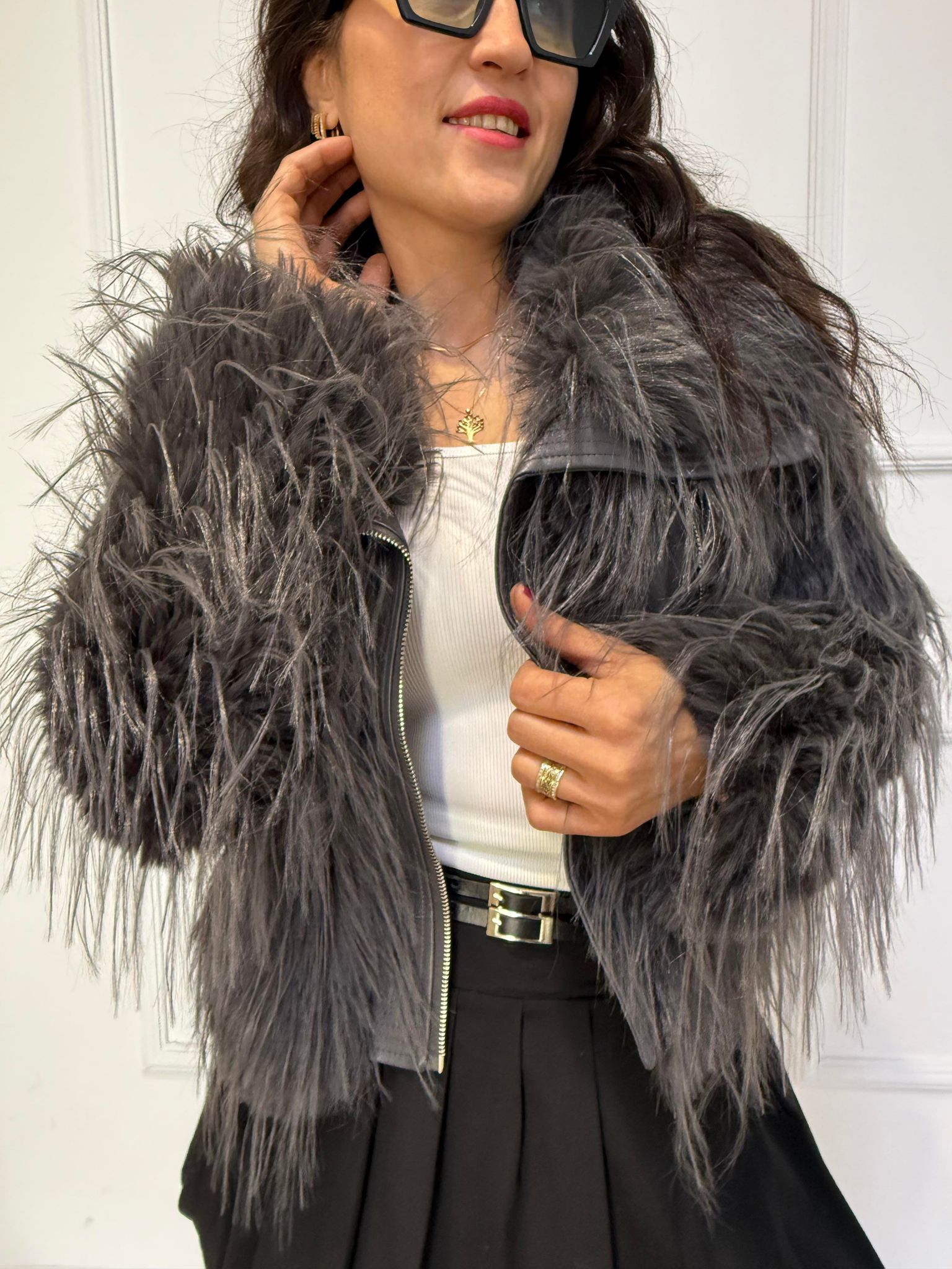 Peluş Deri Detaylı Fermuarlı Kürk