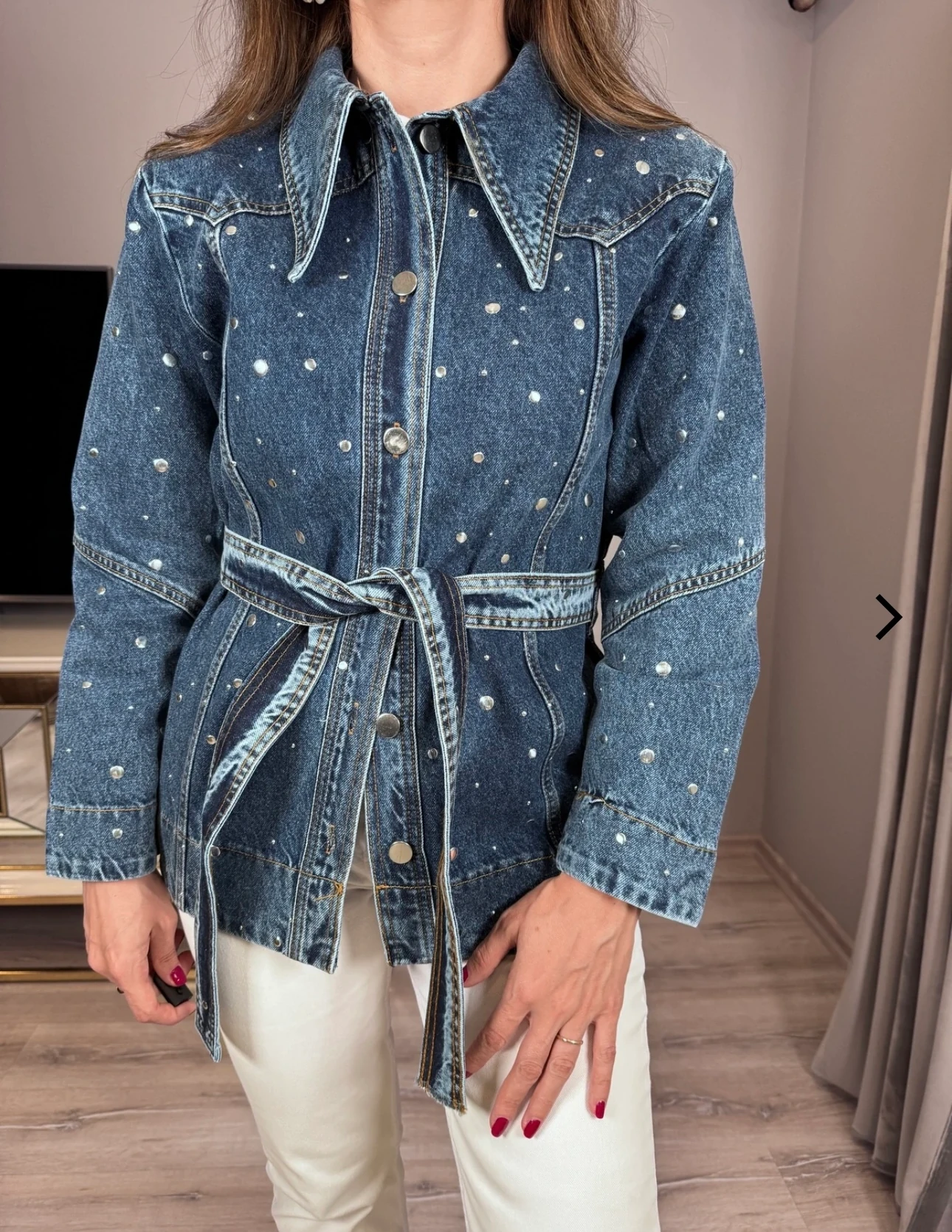 Zımbalı Kemerli Kot Ceket