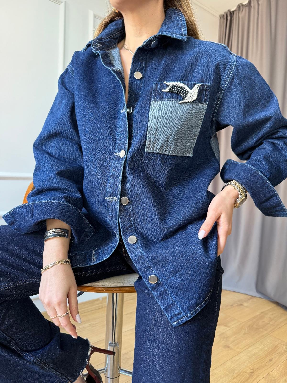 Kuş Detaylı Jean Ceket