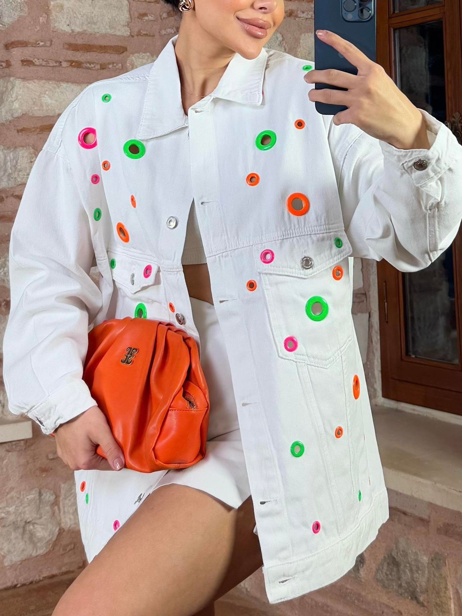 Kuş Gözü Delikli Denim Oversize Ceket
