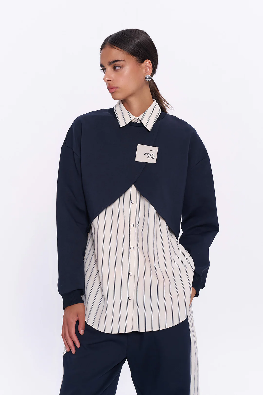 Çizgili Gömlek Match Crop Sweatshirt Takım