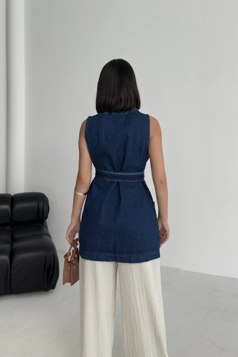 Jean Kuşaklı Kruvaze Yaka Yelek