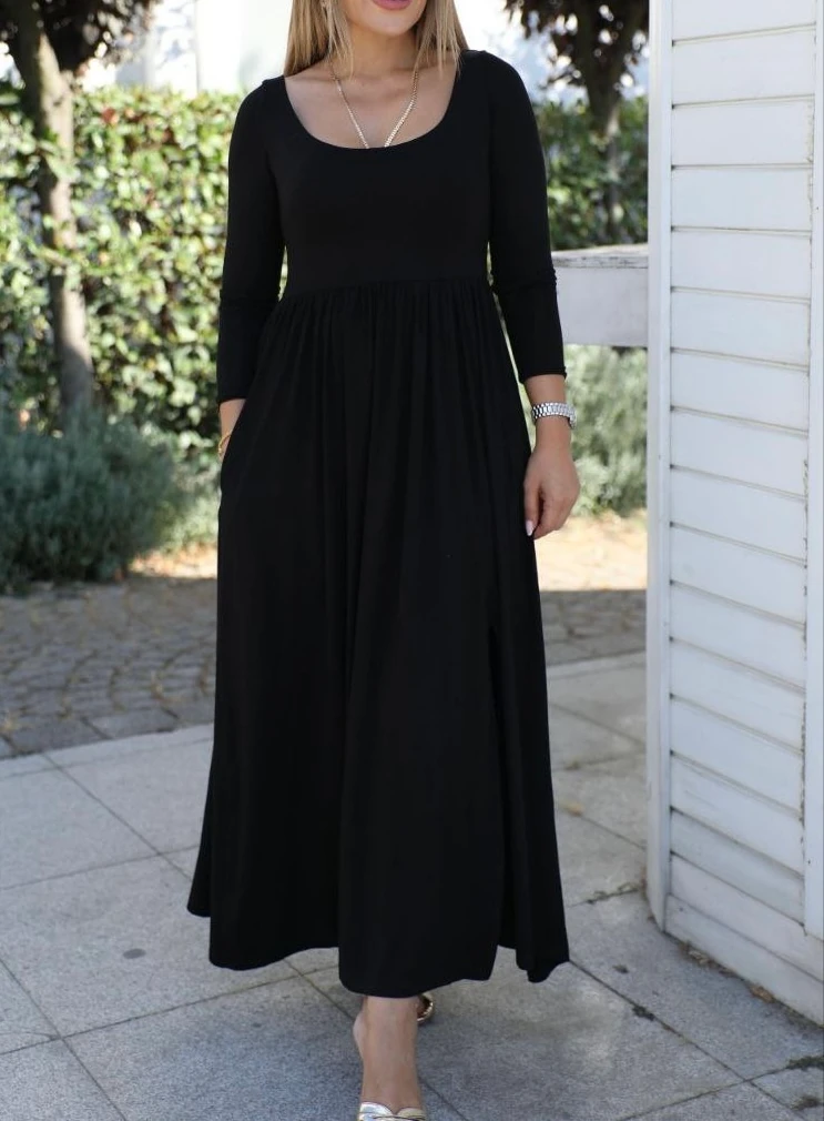 U Yaka Viskon Midi Elbise