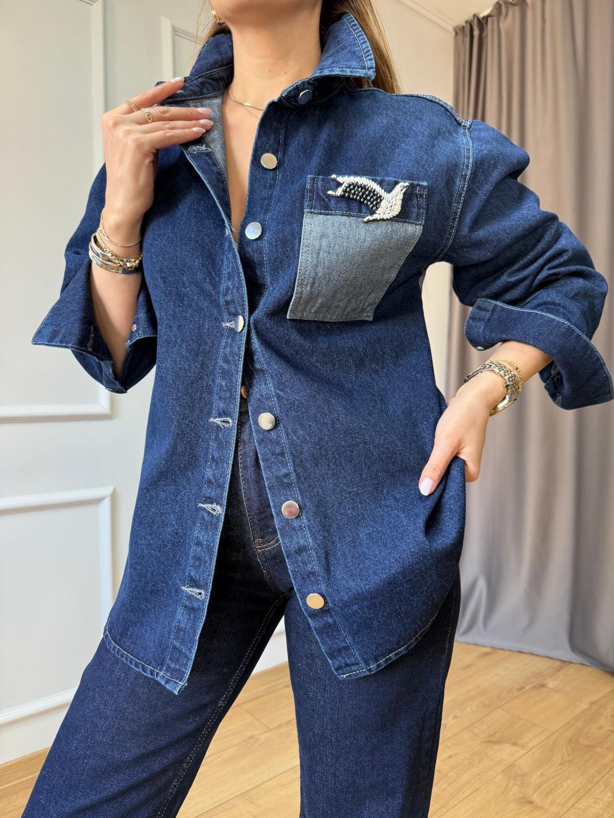 Kuş Detaylı Jean Ceket