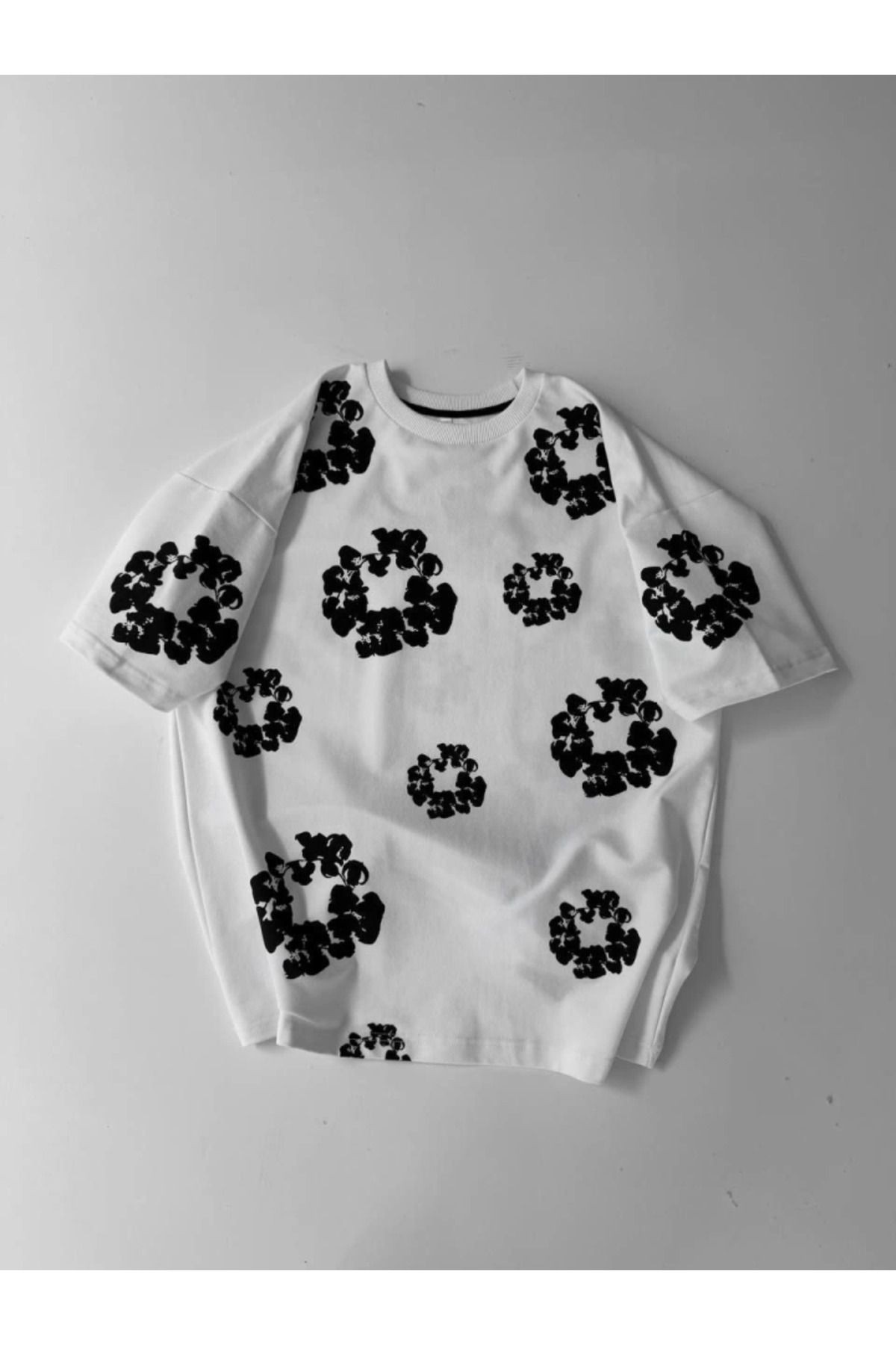 Ön Ve Arka Baskılı Oversize Bisiklet Yaka T-shirt- Beyaz