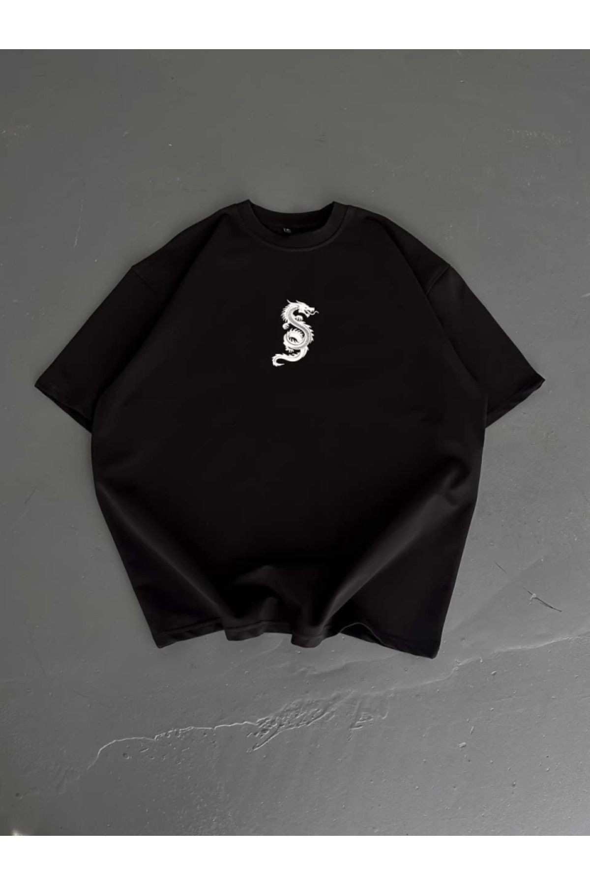 Baskılı Oversize Bisiklet Yaka T-shirt - Siyah