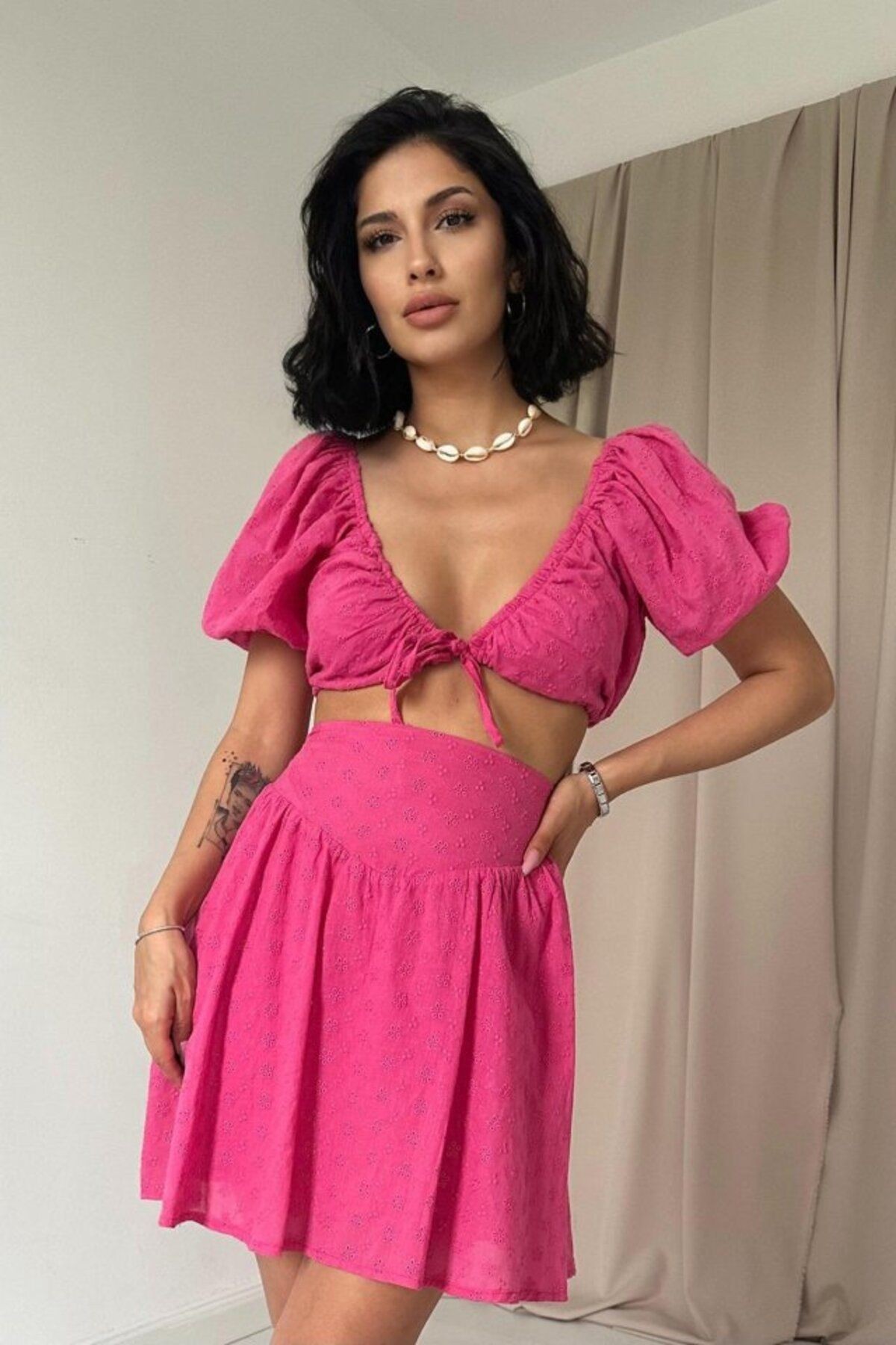 TİANA Fuşya Brode Crop Ve Mini Etek Takım