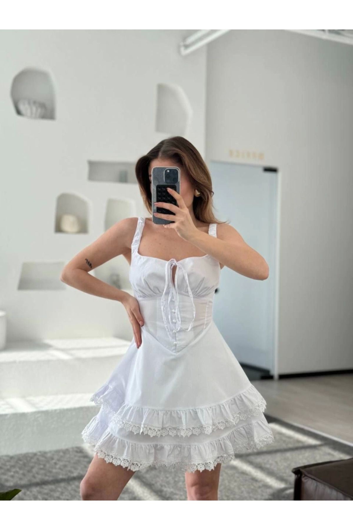 Fırfırlı Askılı Mini Elbise - Beyaz