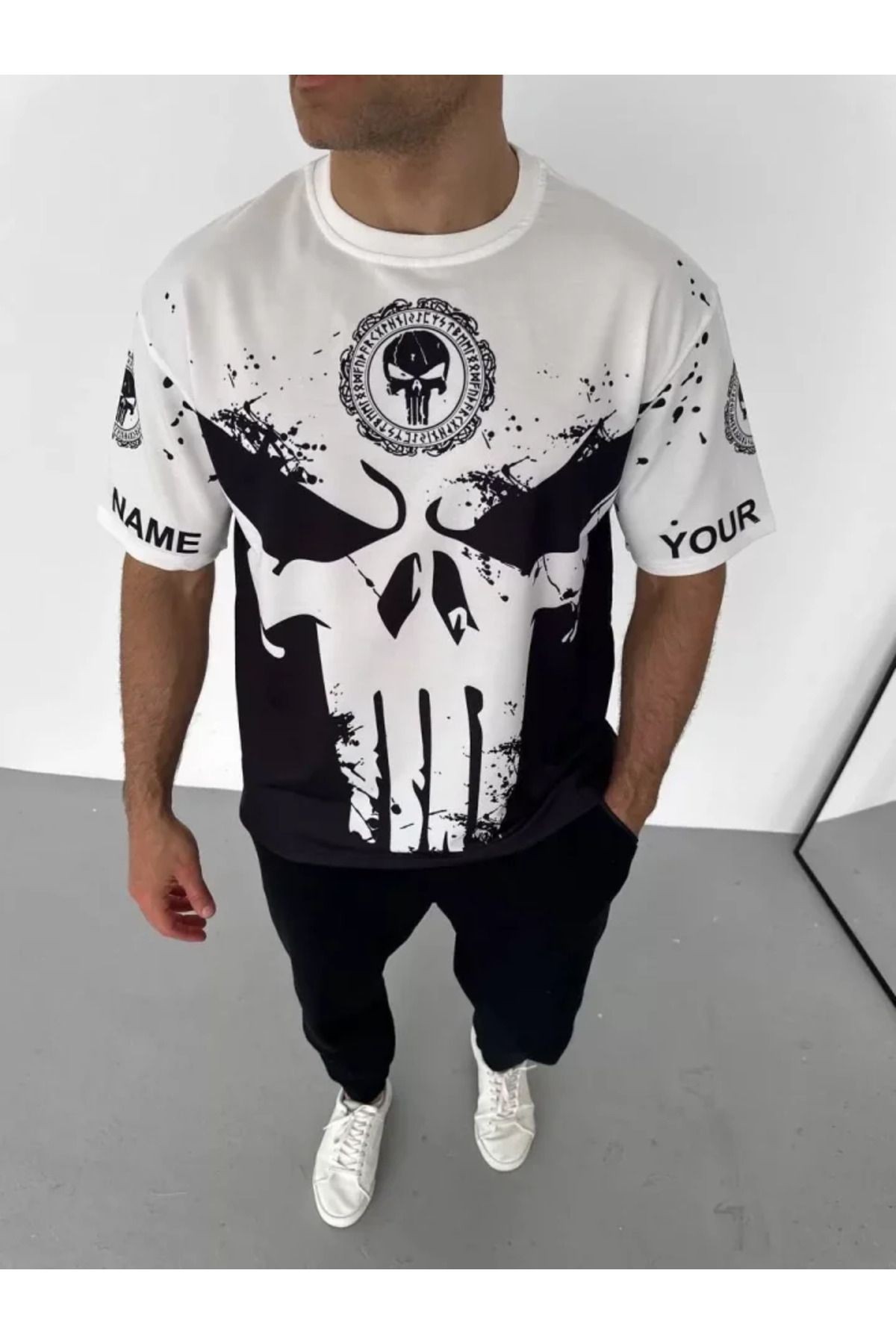 Unisex Bisiklet Yaka Baskılı Oversize T-Shirt - Beyaz