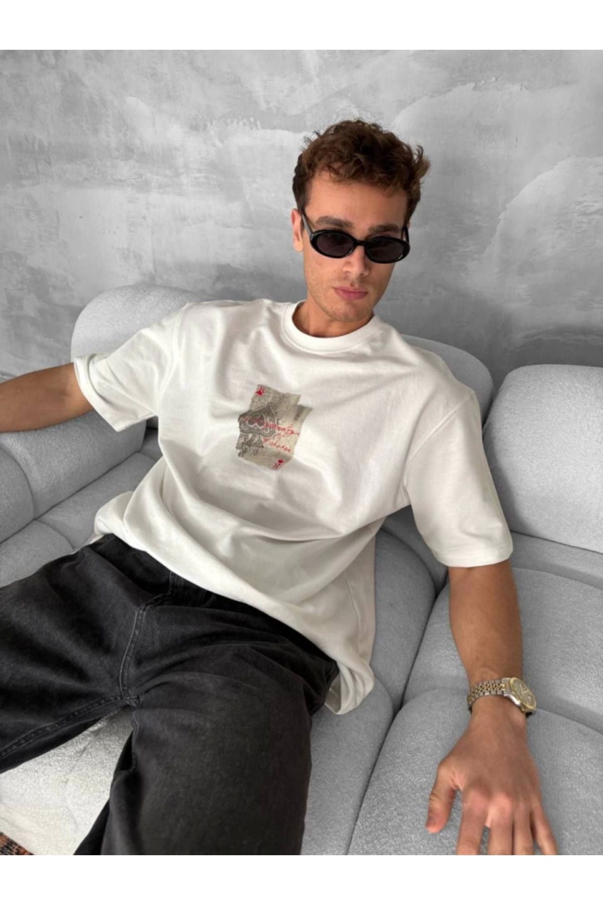 Erkek Ön Ve Arka Baskılı Oversize Bisiklet Yaka T-shirt - Beyaz