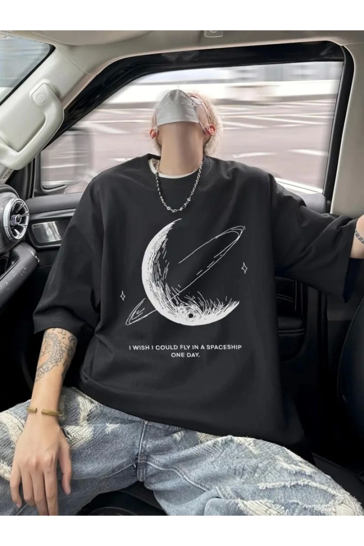 Baskılı Oversize Bisiklet Yaka T-shirt - Siyah