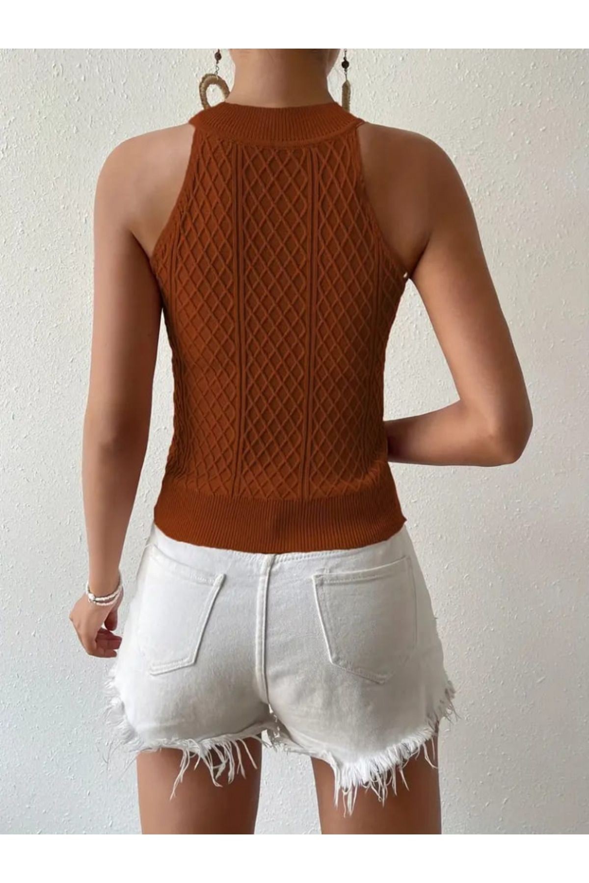 Kadın Kolsuz Halter Yaka Mini Baklava Desenli Triko Bluz