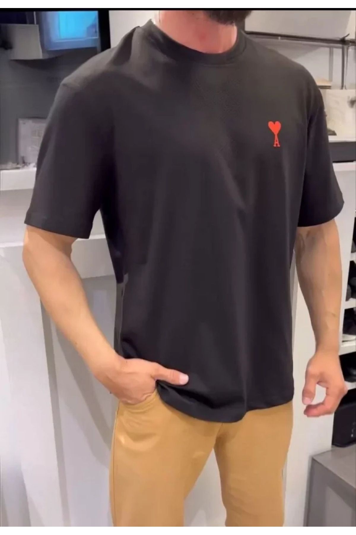 Unisex Bisiklet Yaka Baskılı Oversize T-Shirt - Siyah