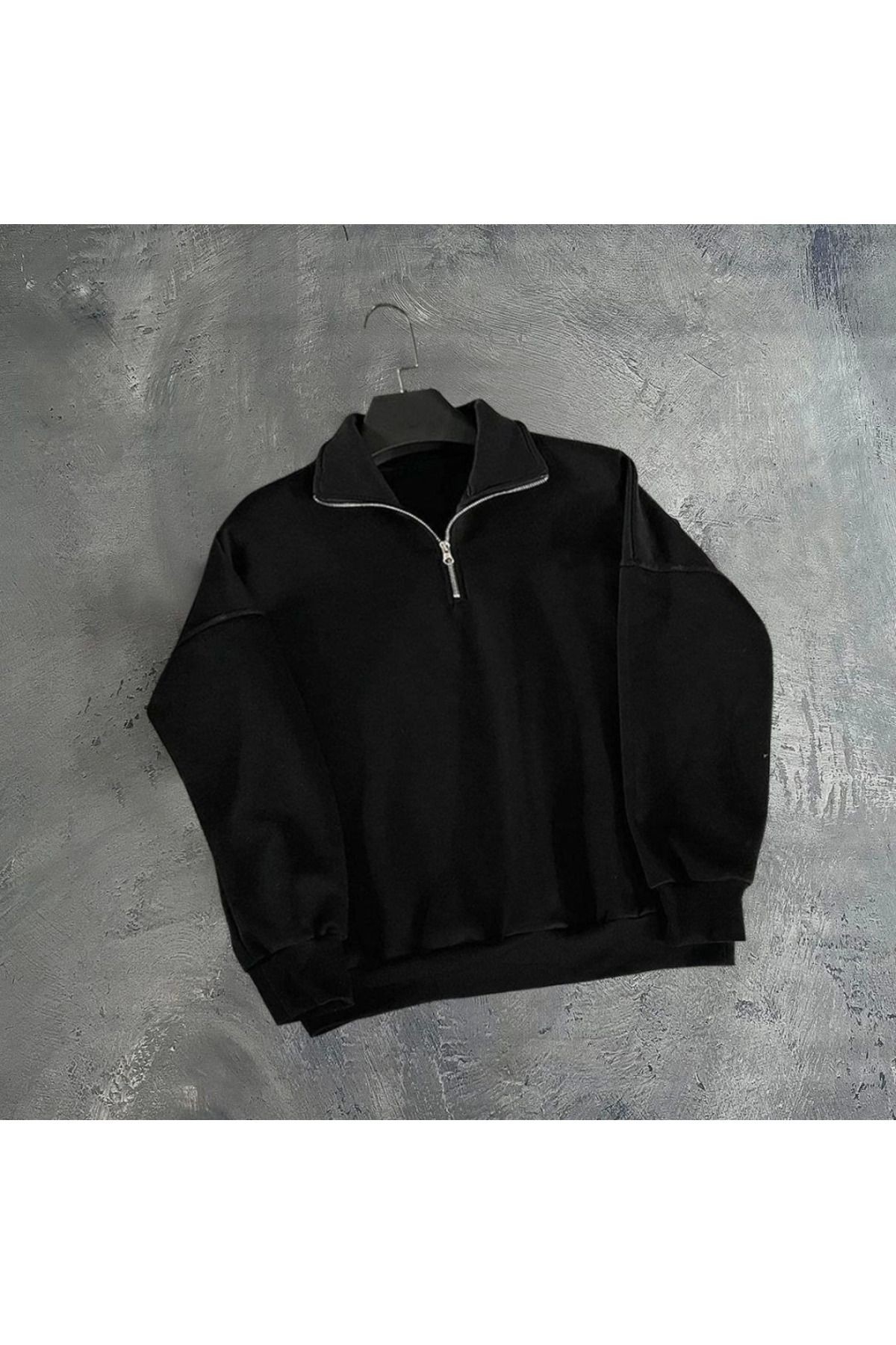Erkek Yarım Fermuarlı Üç İplik Sweatshirt - Siyah
