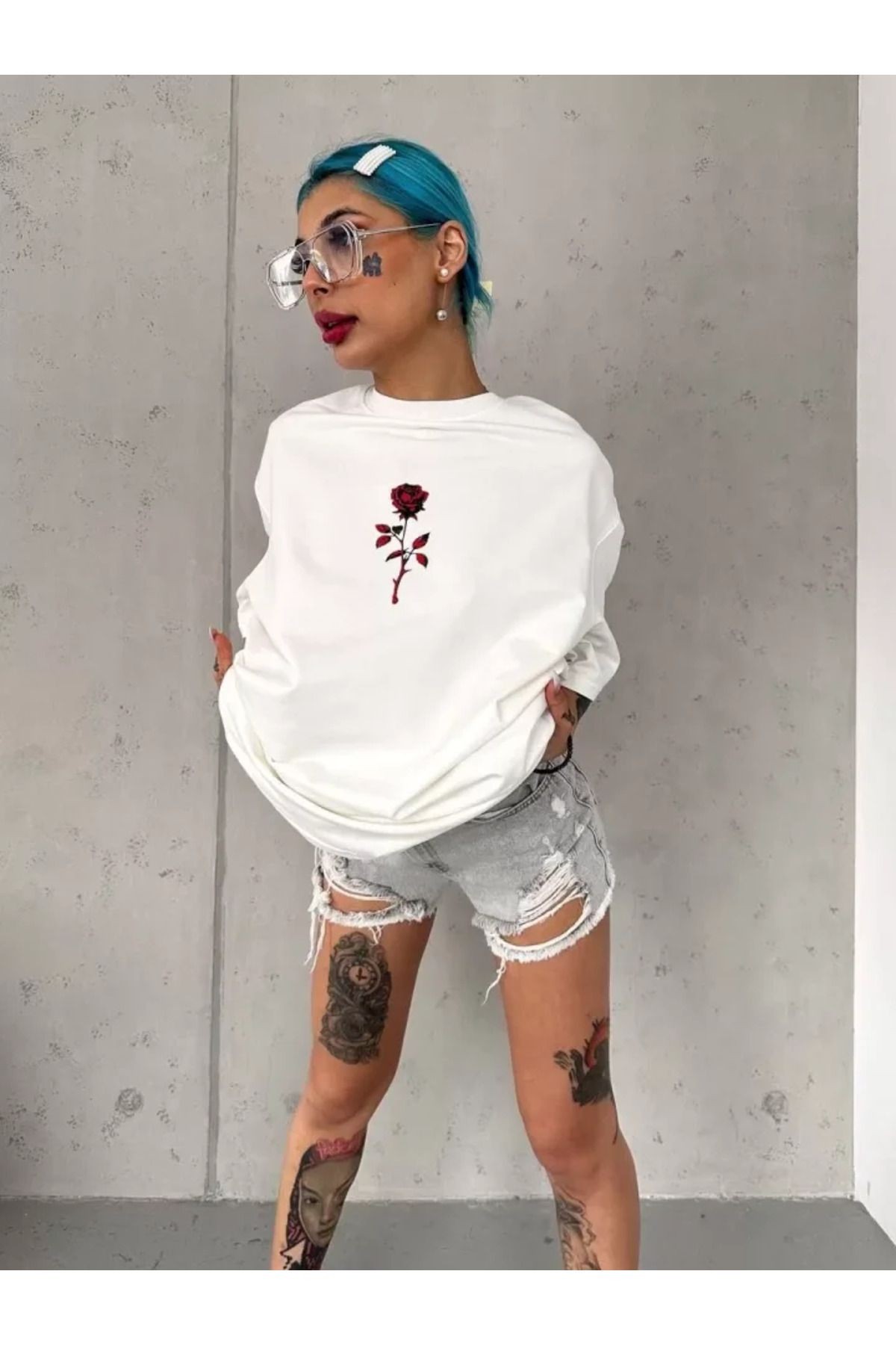 Unisex Bisiklet Yaka Baskılı Oversize T-Shirt - Beyaz