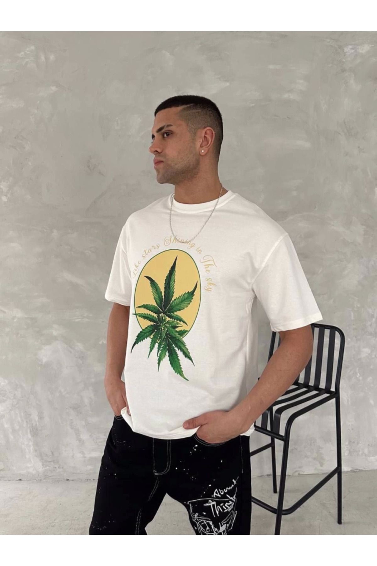 Ön Ve Arka Baskılı Oversize Bisiklet Yaka T-shirt- Beyaz