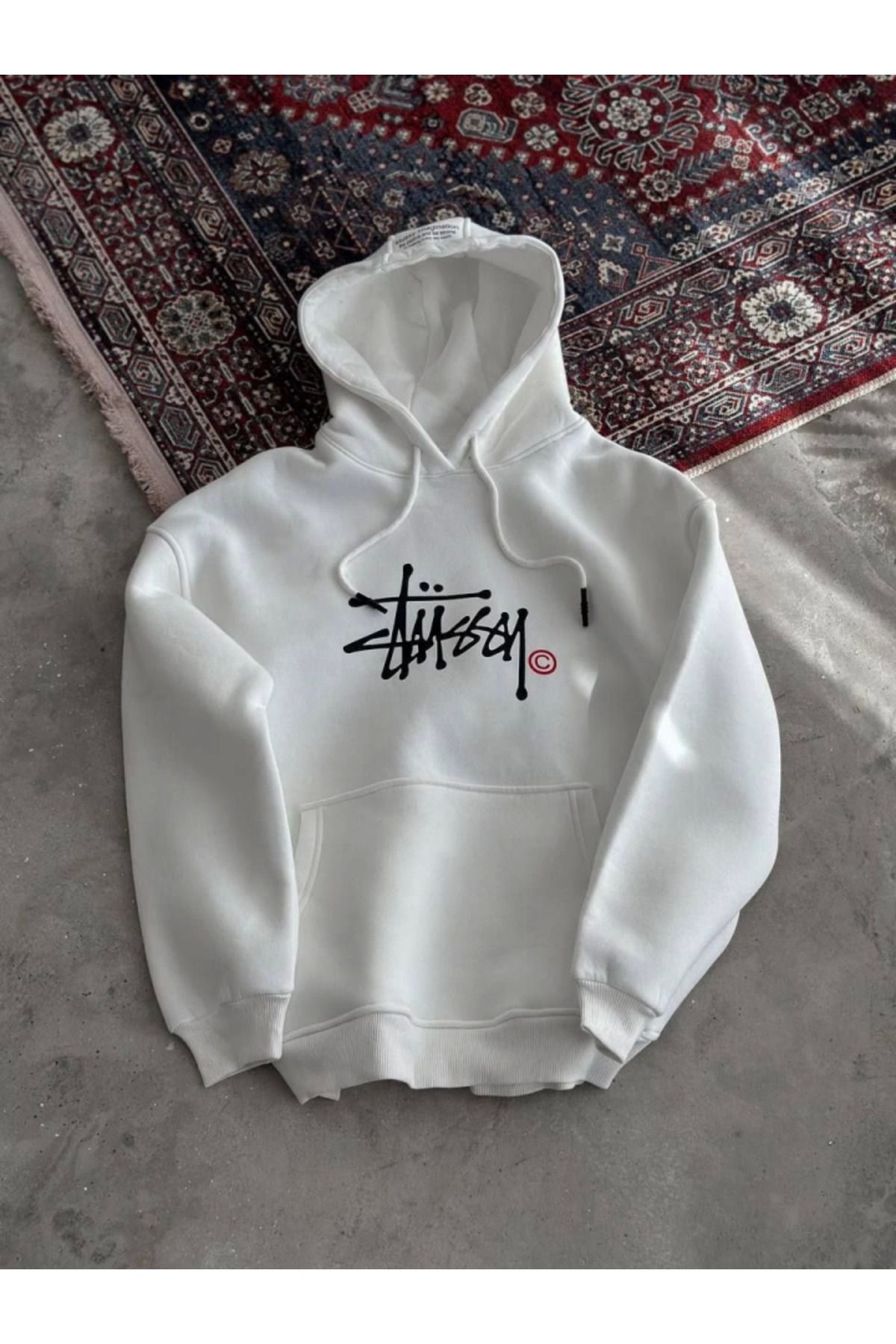 Üç İplik Kapşonlu Baskılı SweatShirt - Beyaz