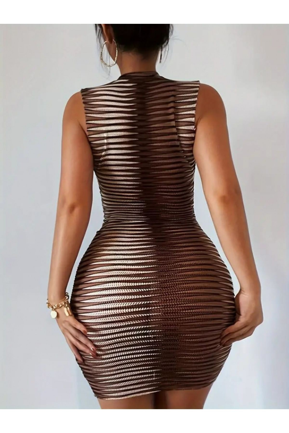 Kadın Sıfır Kol Desenli Mini Bodycon Dalgıç Elbise