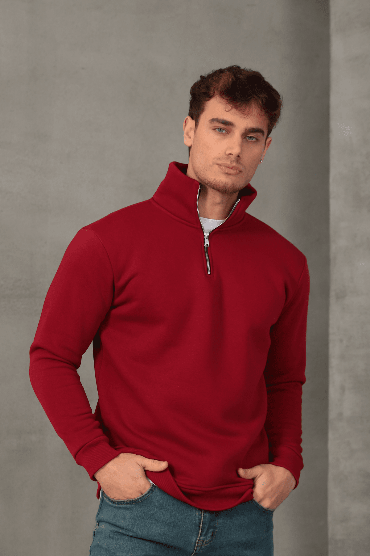 Unisex Relax Fit Rahat Kesim Yumuşak Dokulu İçi Polarlı Yarım Fermuarlı Dik Yaka Sweatshirt
