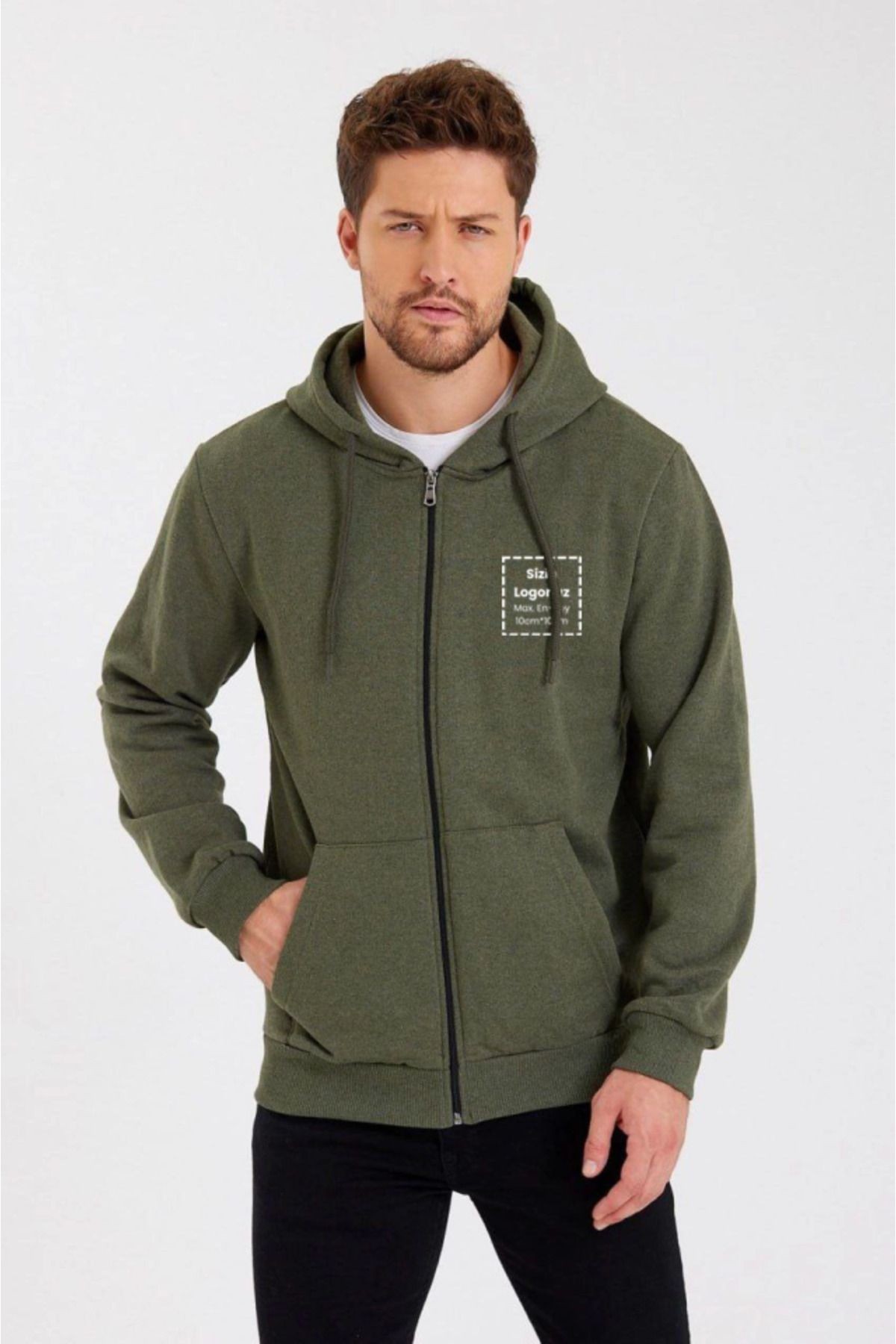 Unisex Tam Fermuarlı Kapşonlu Özel Tasarım SweatShirt - Haki