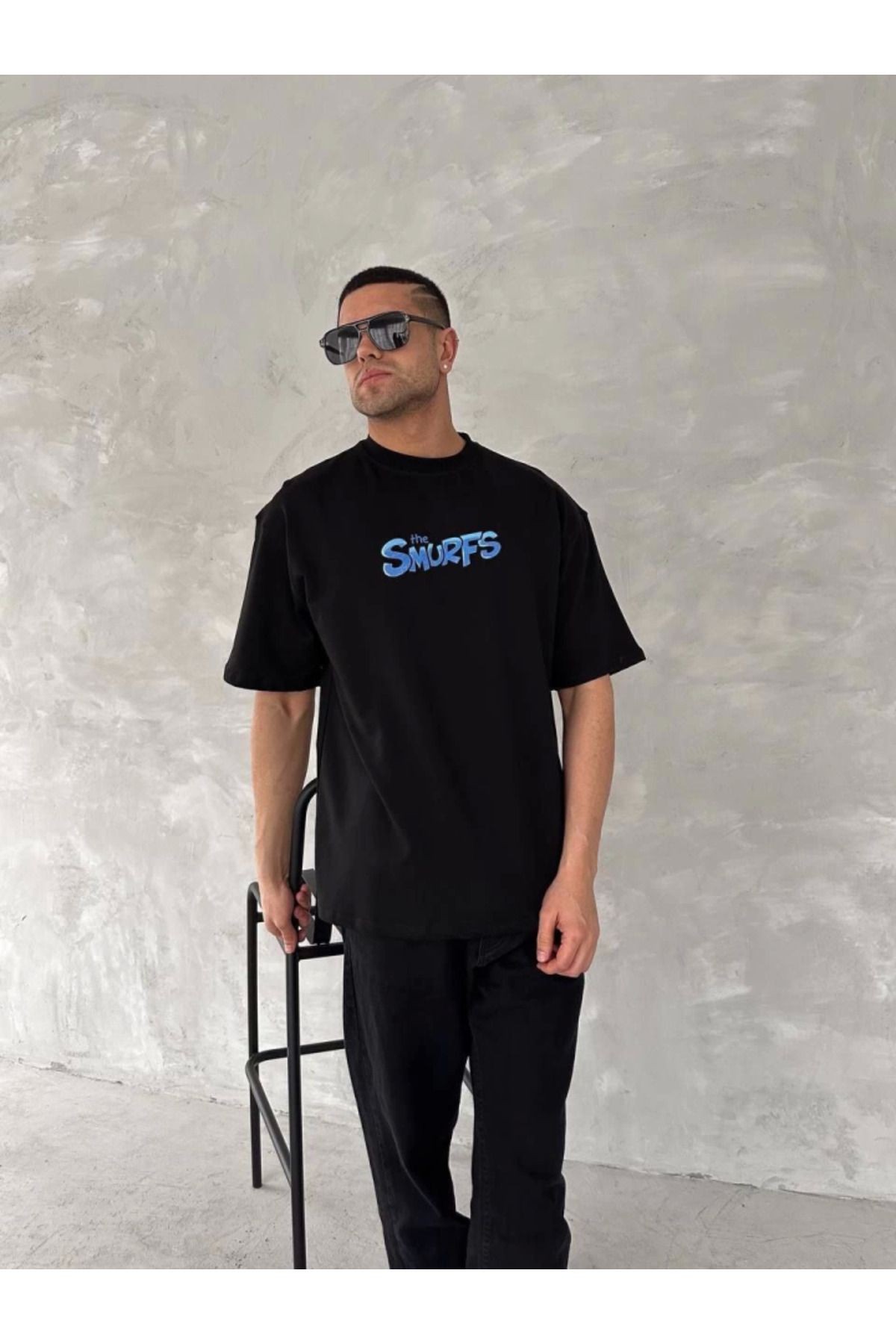 Ön Ve Arka Baskılı Oversize Bisiklet Yaka T-shirt- Siyah