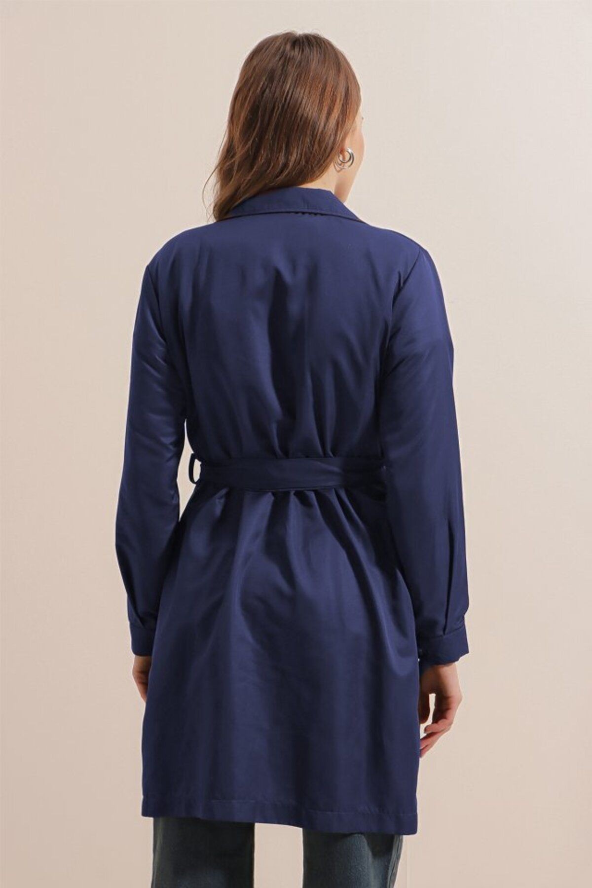 Mottisfashion 5864 Kruvaze Yaka Kısa Trençkot - Lacivert