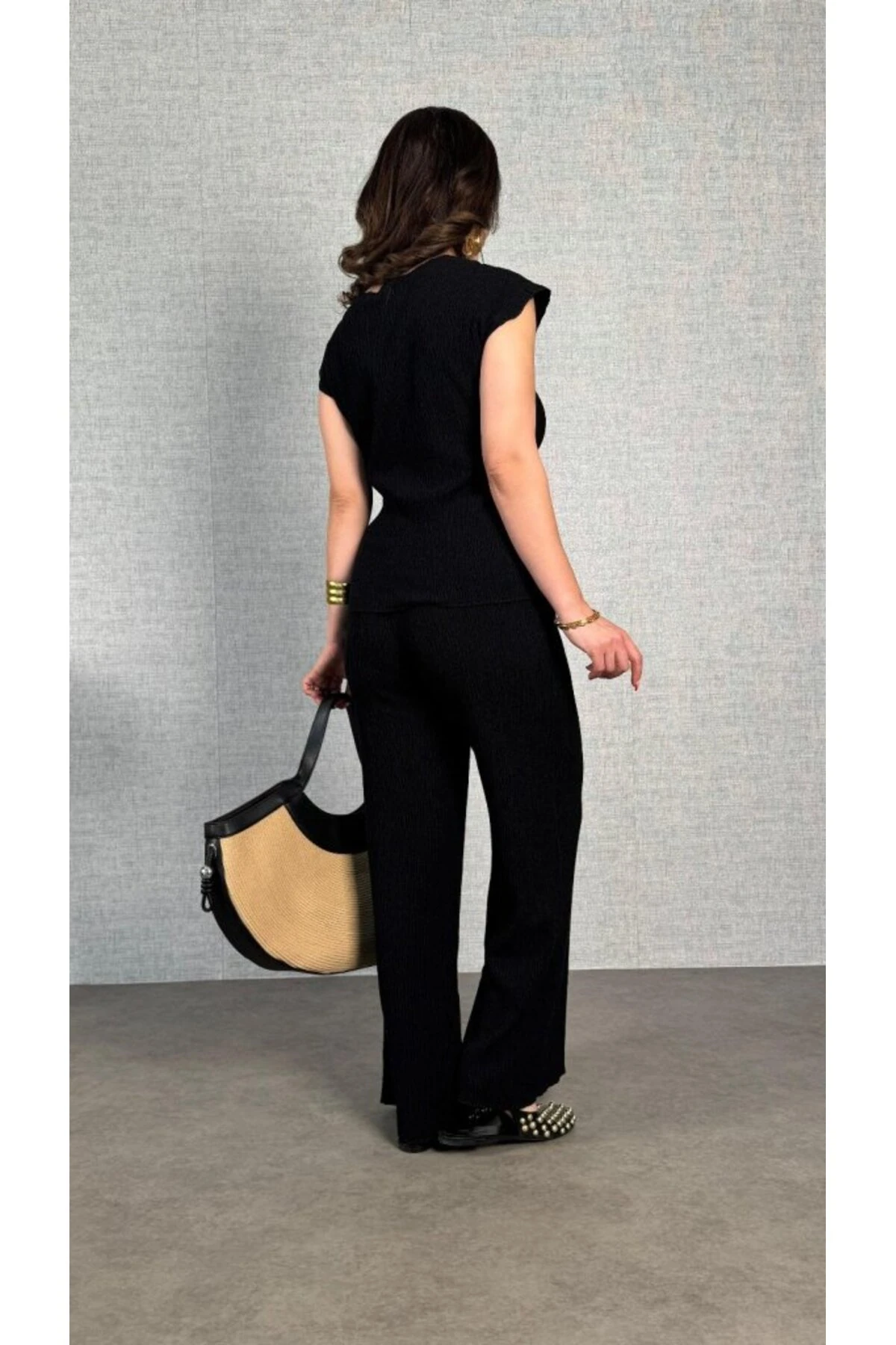 eyesof Kadın Kısa Kollu Bisiklet Yaka Yandan Bağlamalı Bürümcük Bluz Ve Pantolon Ikili Takım