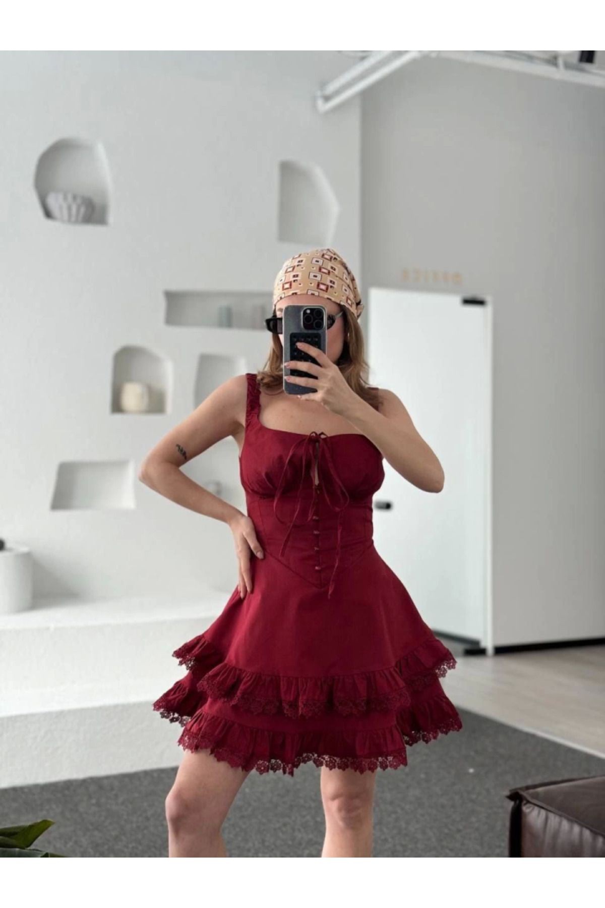 Fırfırlı Askılı Mini Elbise - Bordo