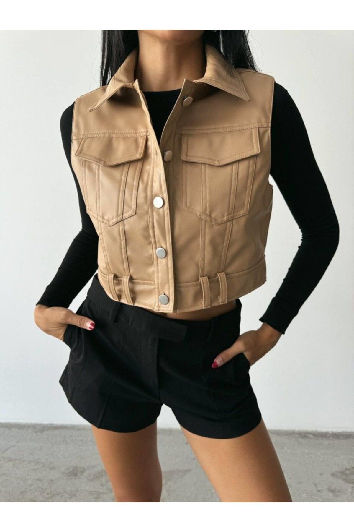 DERİ CROP YELEK - Bej