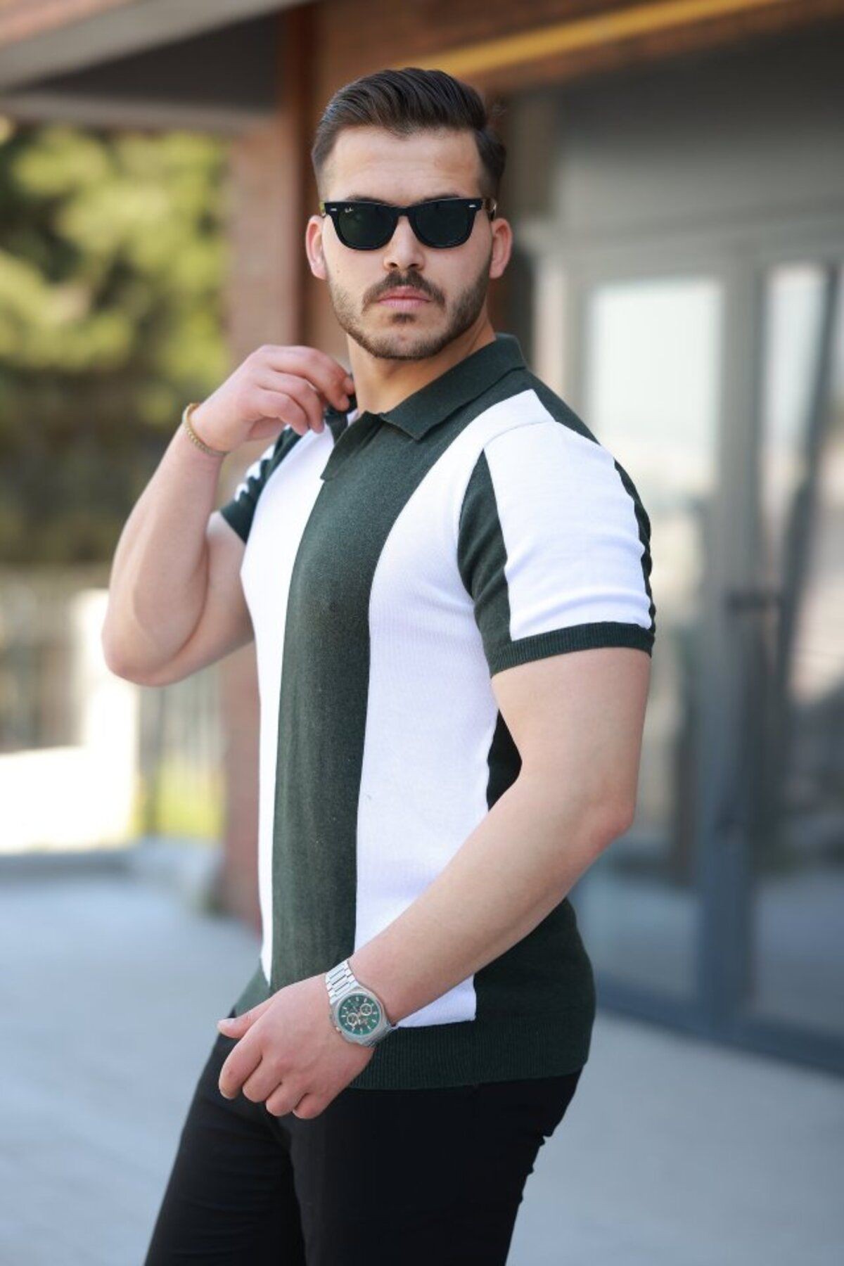 Erkek Kısa Kollu Polo Yakalı Blok Desenli Triko tişört