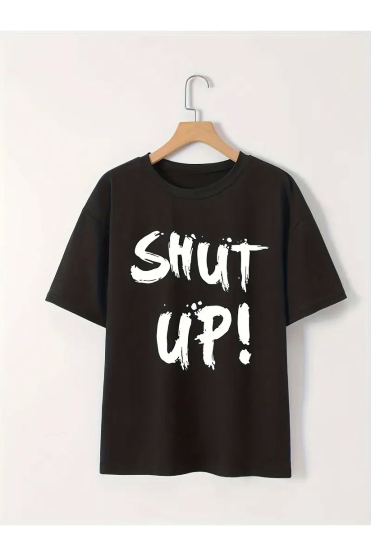 Baskılı Oversize Bisiklet Yaka T-shirt - Siyah