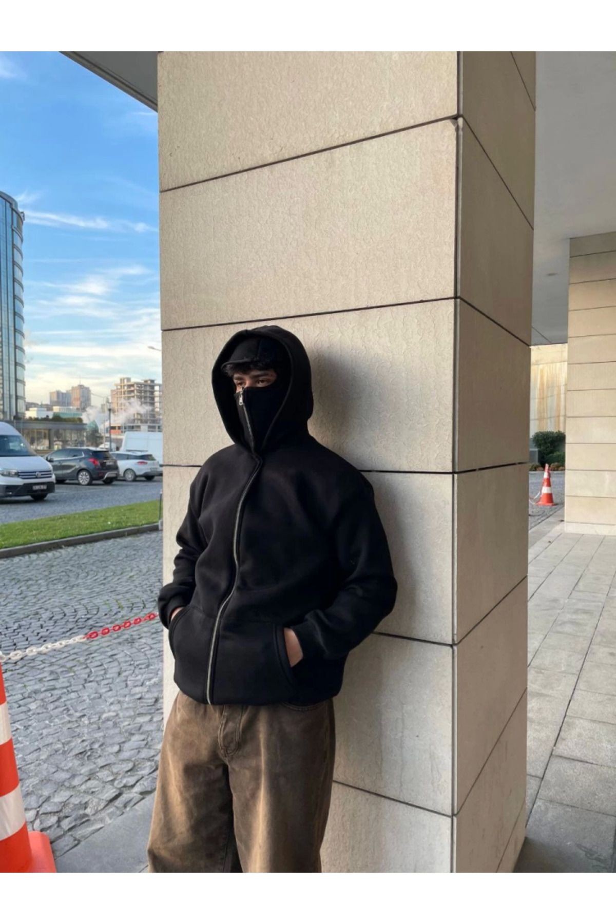 Samuray Kapüşonlu ZIP Fermuarlı Kapüşonlu Özel Tasarım SweatShirt - Siyah