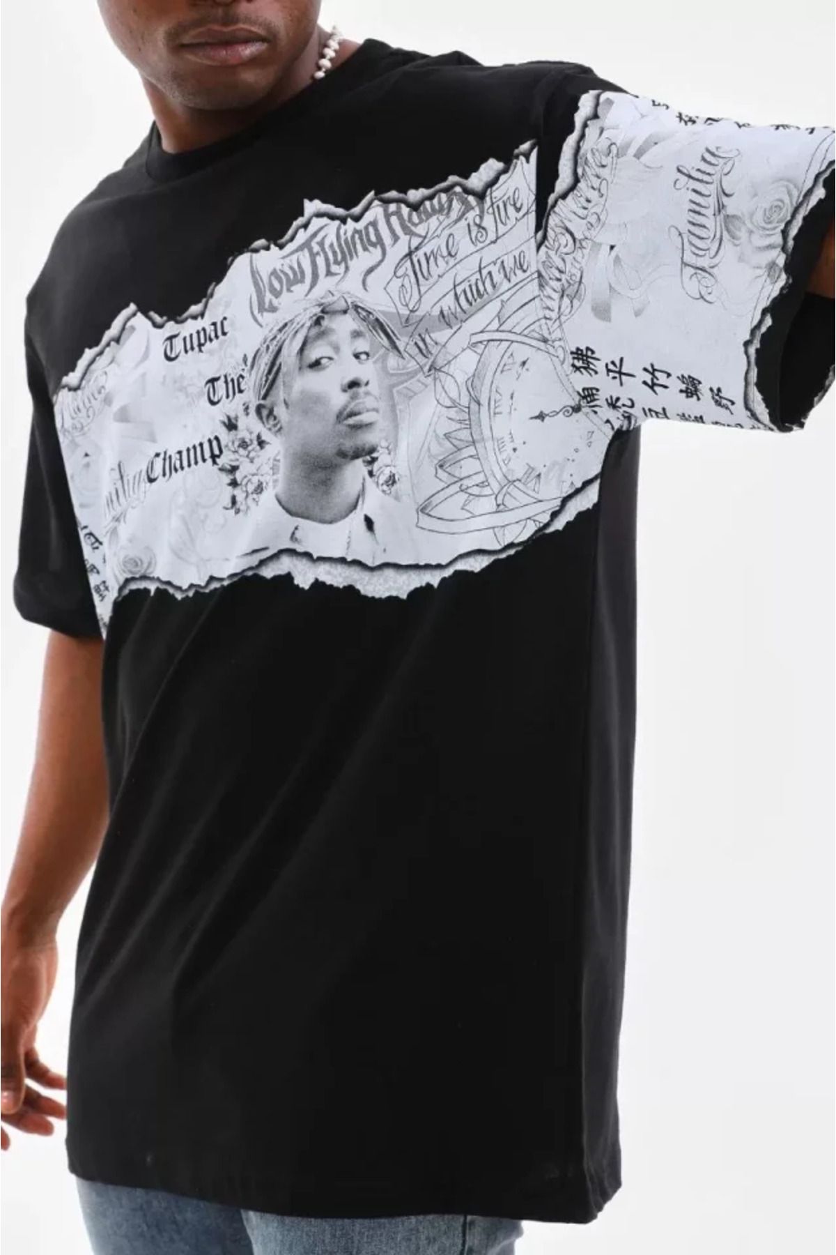 Unisex Bisiklet Yaka Baskılı Oversize T-Shirt - Siyah