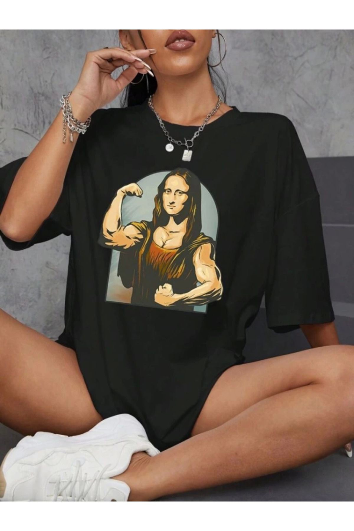 Baskılı Oversize T-shirt - Siyah