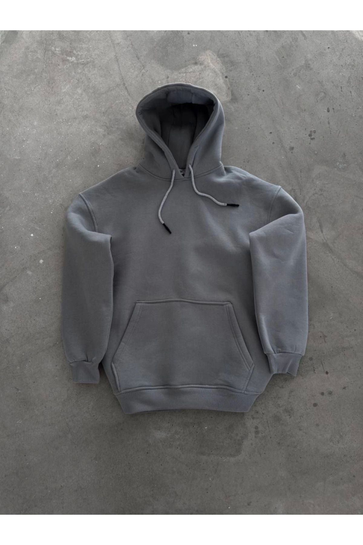 Kapşonlu Üç İplik Penye Basic SweatShirt - Boyalı Gri