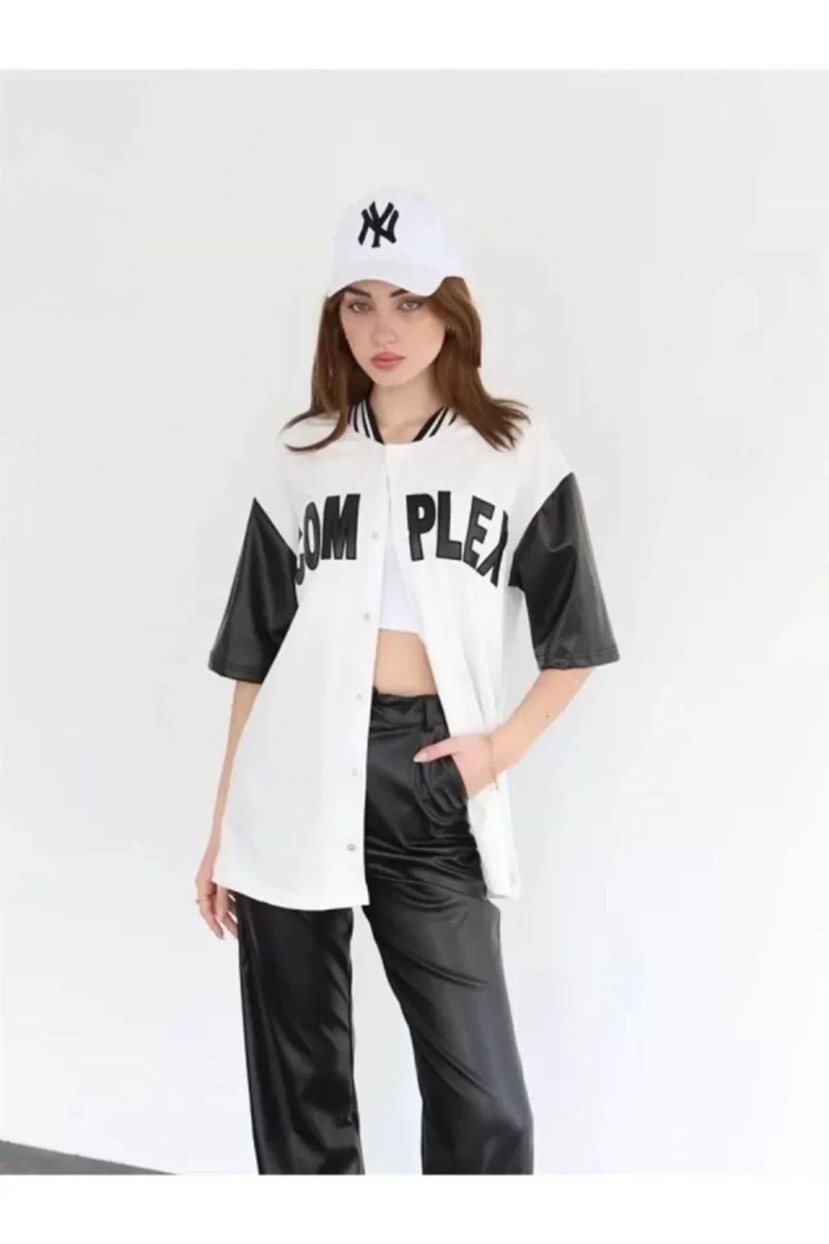 Kolları Deri Kolej Oversize T-shirt - Beyaz