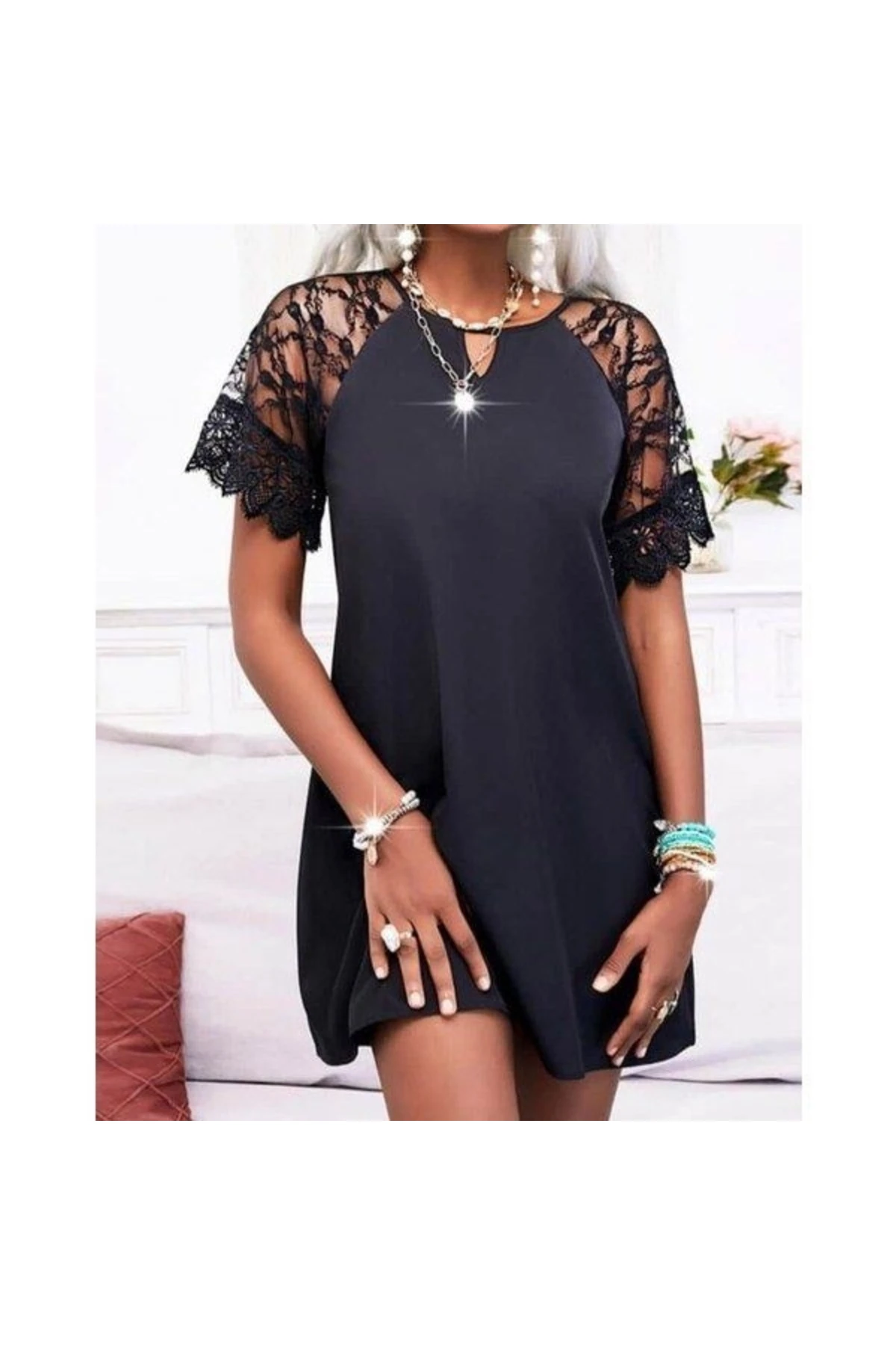 Kadın Dantelli Kısa Kollu Damla Yaka Krep Elbise