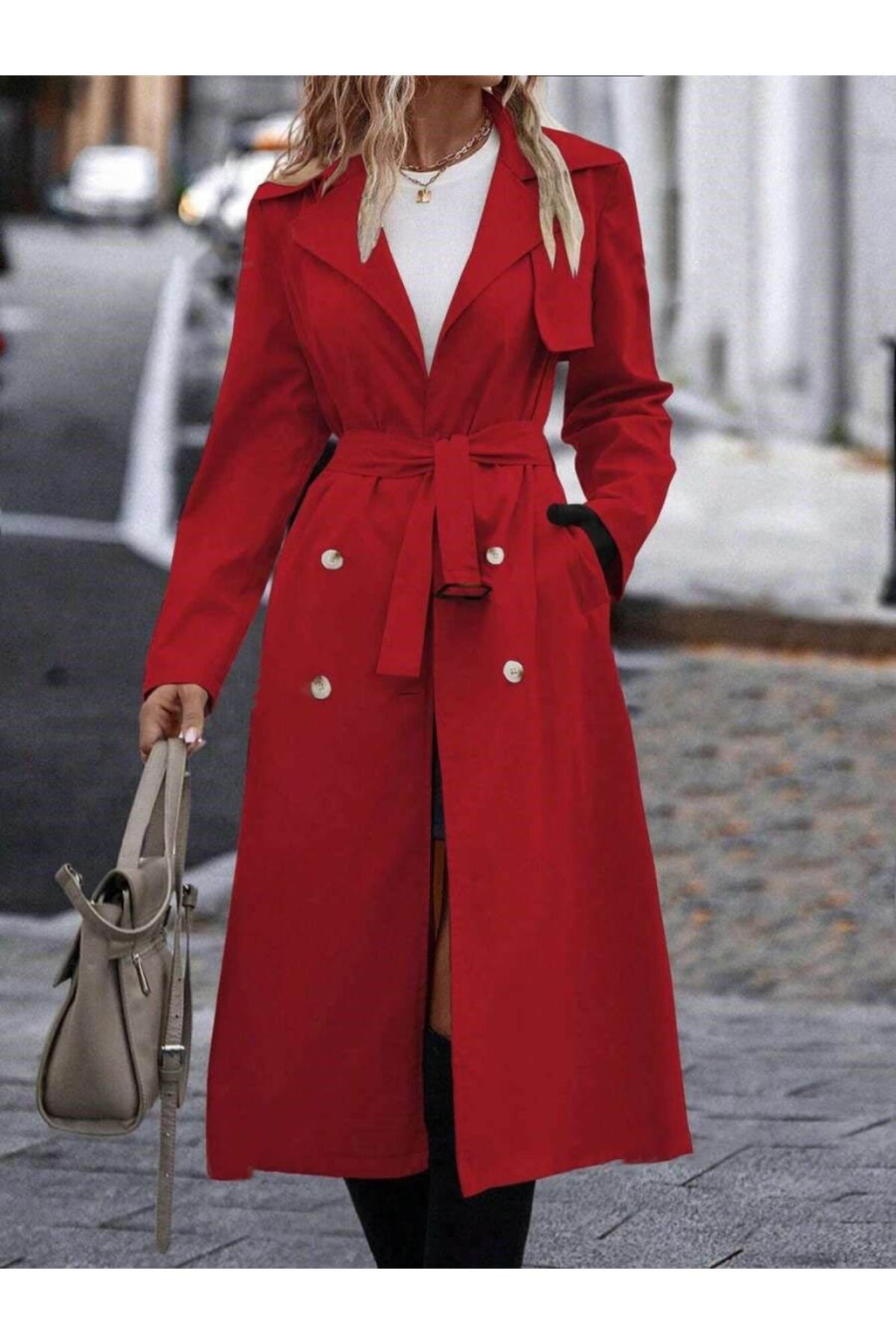Kadın Uzun Kollu Yakalı önden Düğmeli Beli Kuşaklı Midi Gabardin Trençkot