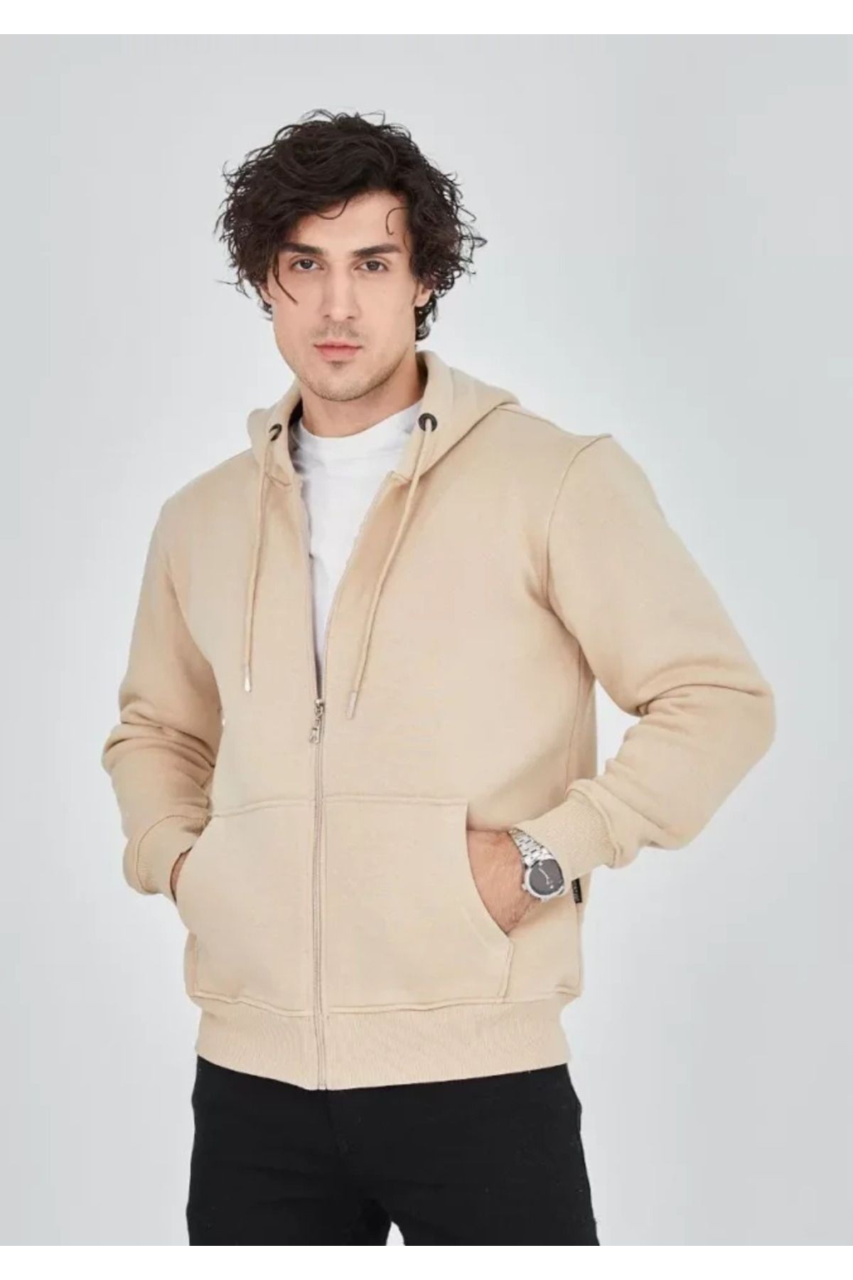 Unisex Tam Fermuarlı Kapşonlu SweatShirt - Bej