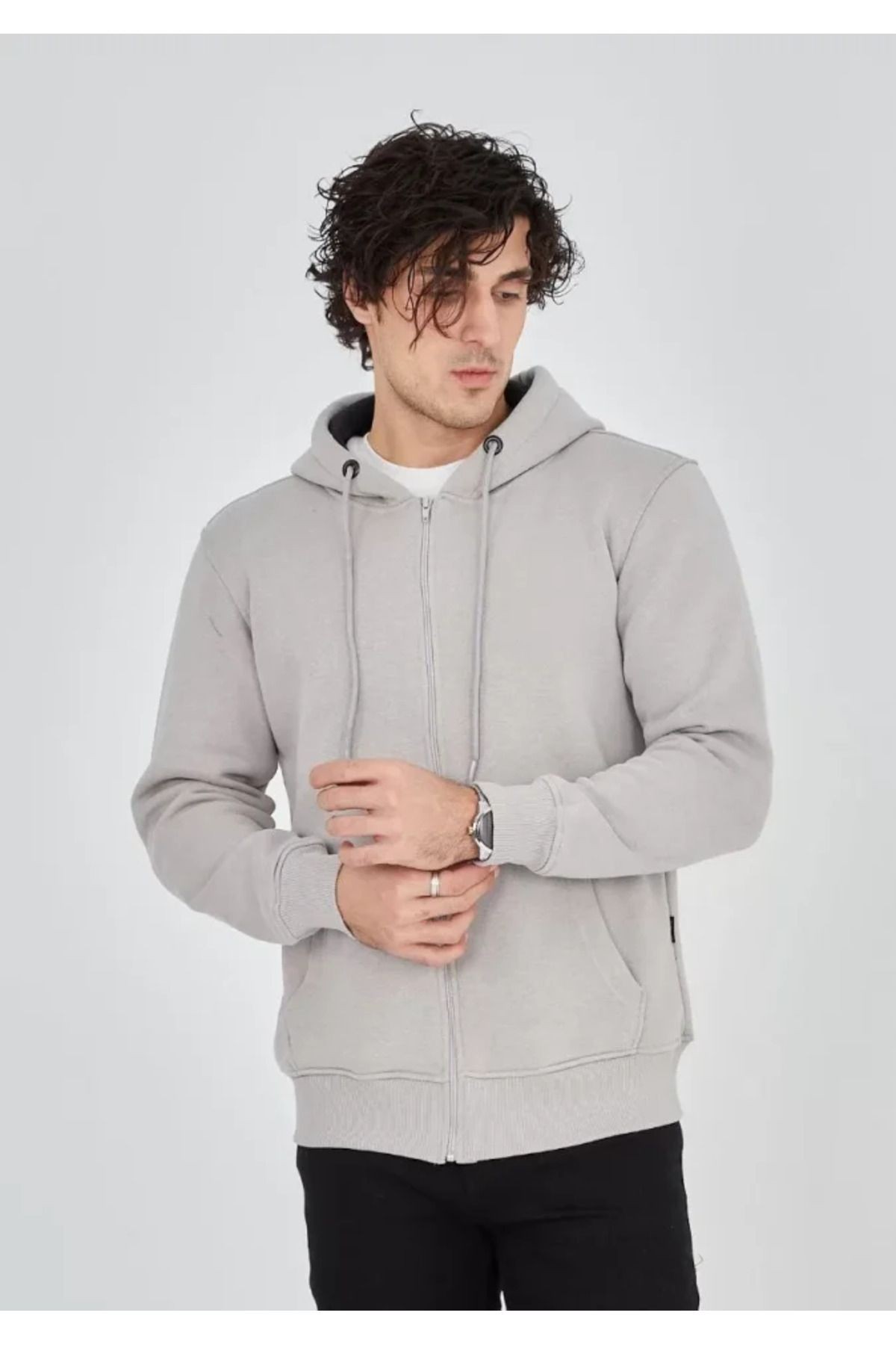 Unisex Tam Fermuarlı Kapşonlu SweatShirt - Boyalı Gri