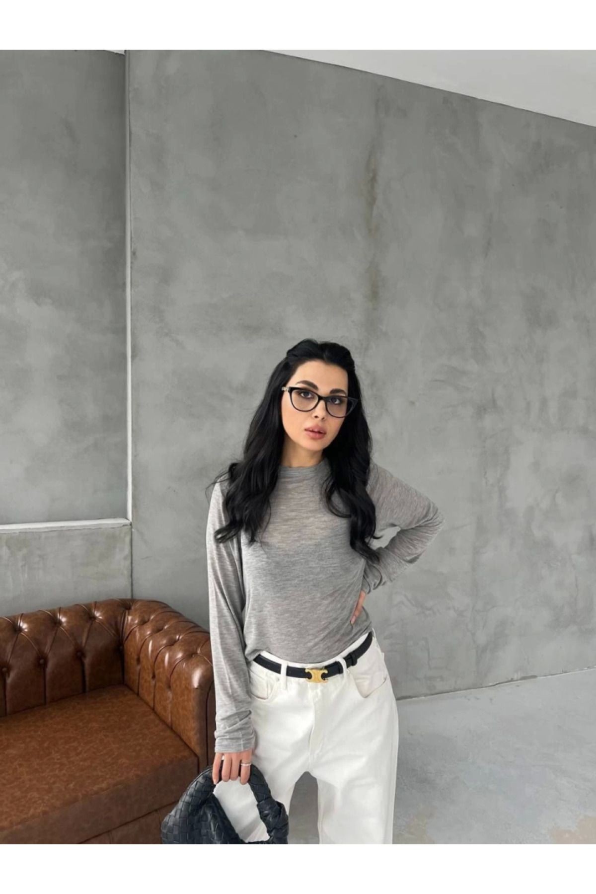 Bisiklet Yaka Uzun Kollu Crop - Gri