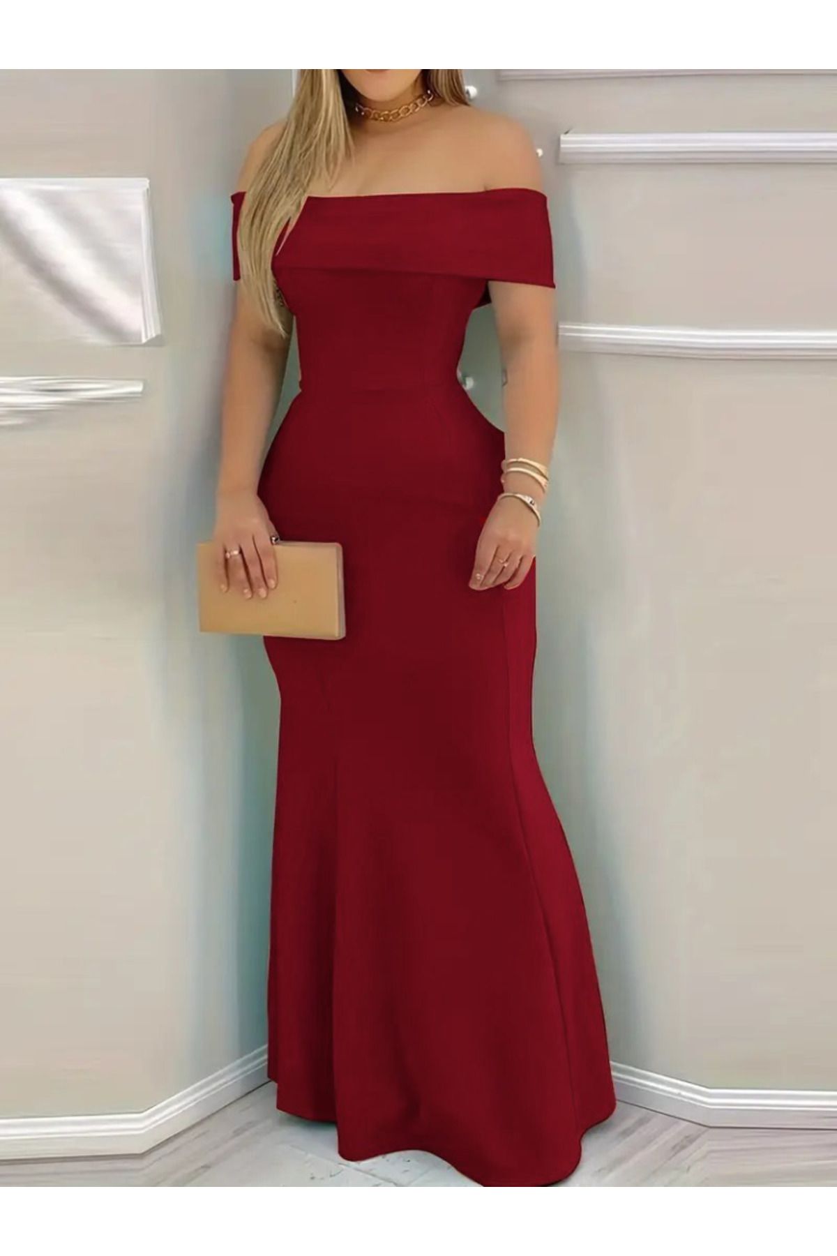 Kadın Kısa Kollu Madonna Yaka Belden Oturtmalı Uzun Ithal Krep Elbise