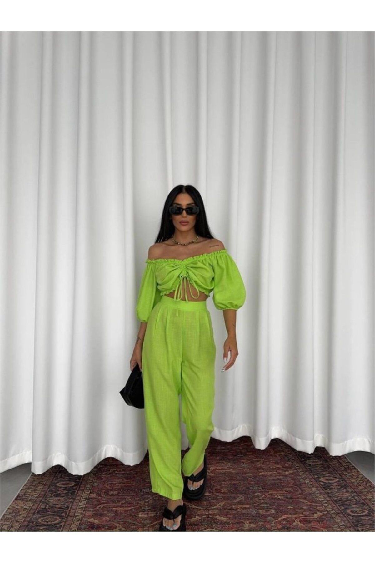 KETEN CROP BLUZ BÜZGÜ YAKA + PANTOLON TAKIM - Yeşil