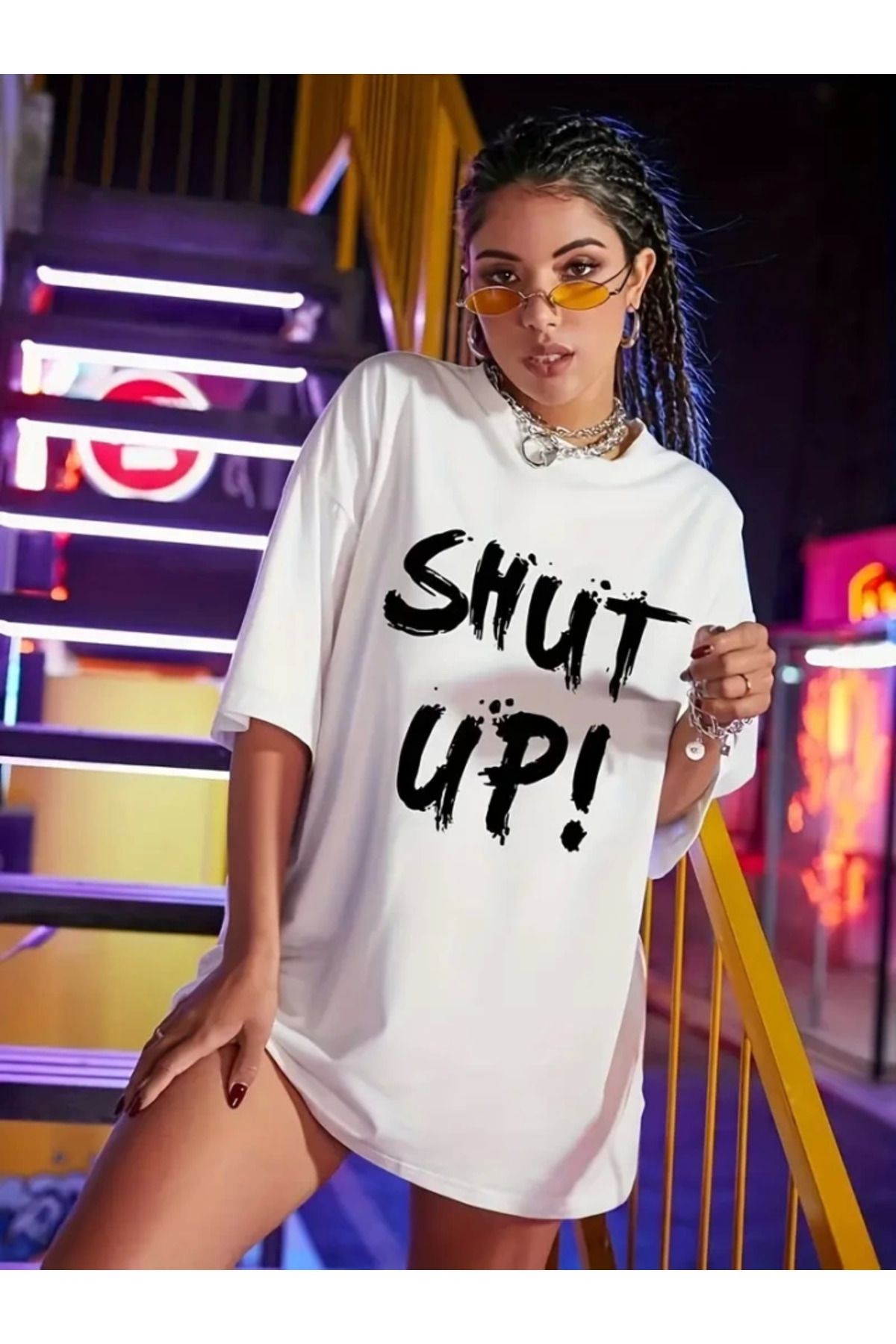 Baskılı Oversize Bisiklet Yaka T-shirt - Beyaz